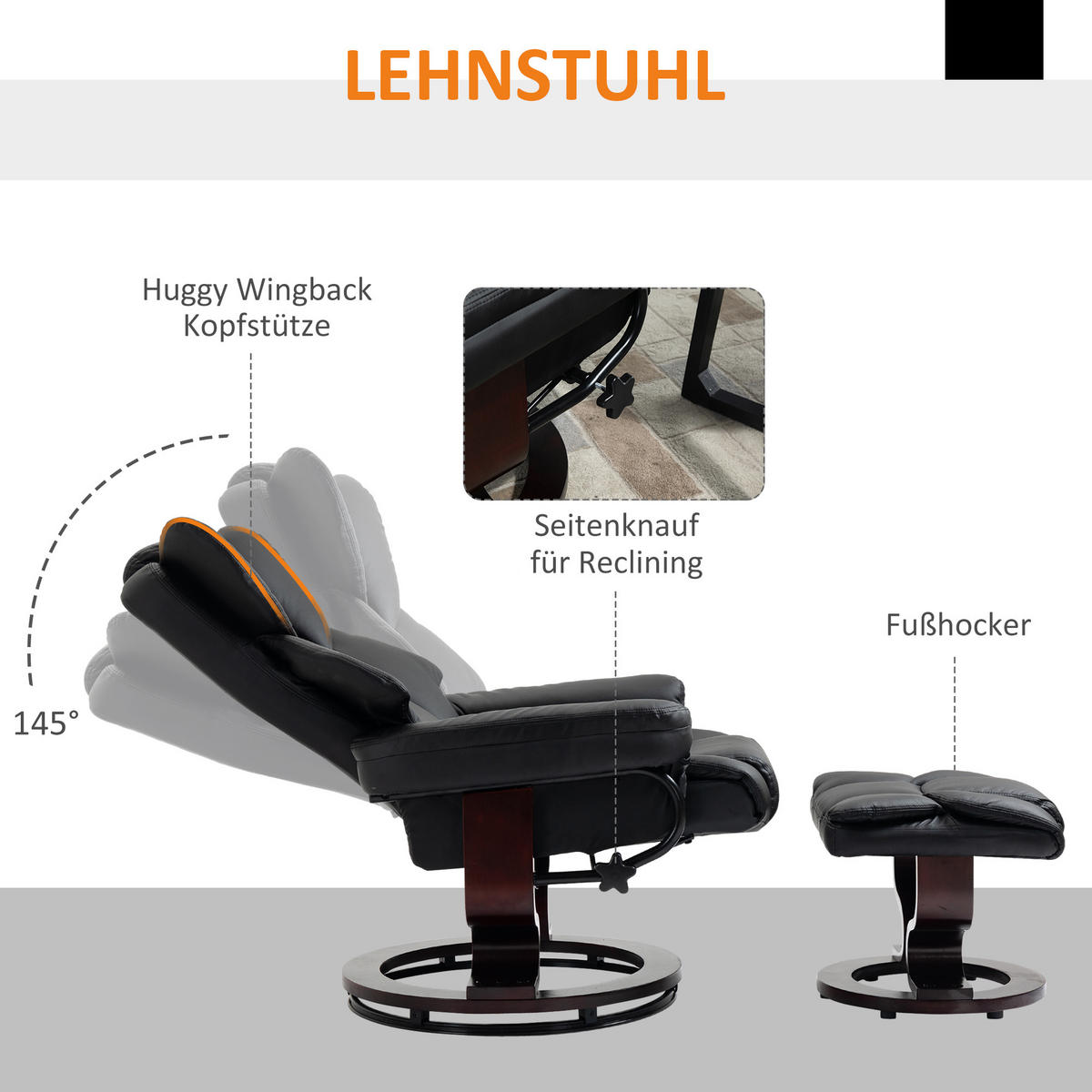 RELAXSESSEL mit Hocker, drehbarer Fernsehsessel, TV-Sessel mit Liegefunktion - Schwarz, Leder/Holz (79/100/80cm) - HOMCOM