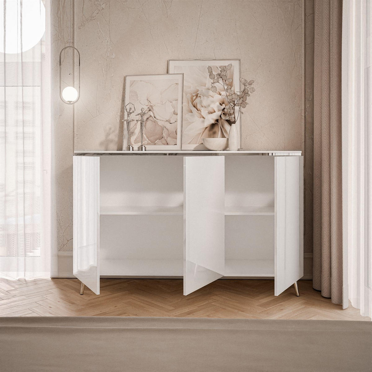 KOMMODE AURORA SILVER 3D – mit schrägen verchromten Beinen - Weiß Hochglanz/Silberfarben, Holzwerkstoff/Metall (140/90/40cm) - Lookway