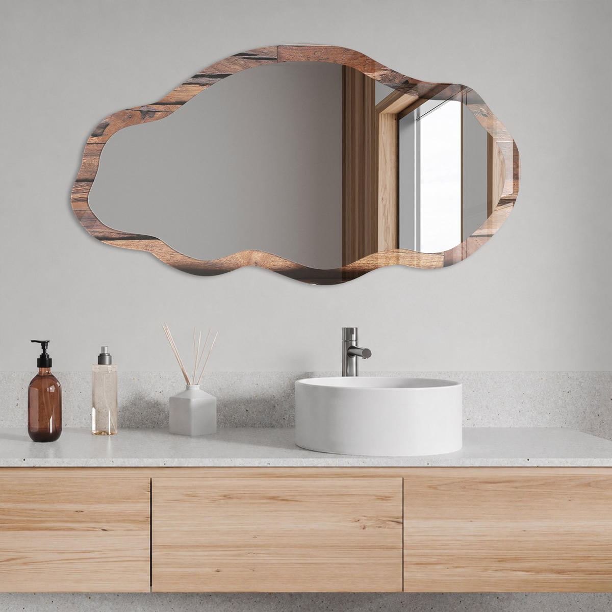 SPIEGEL 90x45 cm asymmetrisch mit Druck - Holzwand - Transparent, Glas (45/90/0.4cm) - TULUP
