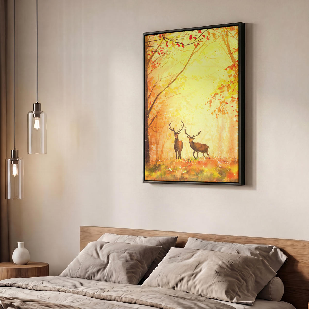 LEINWAND Bilder mit Rahmen - Natur - Ölfarbe - Hirsche - Tiere - Herbst - Orange - 60x80 - Orange, Textil (60/80cm) - MuchoWow