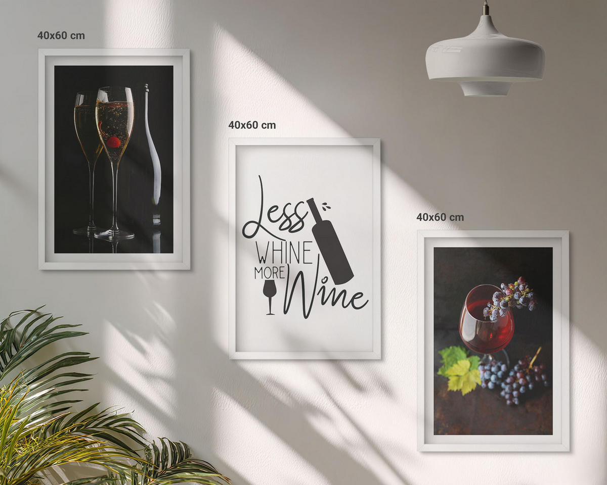BILDER SET 3er Set - 40x60 cm Weißer Rahmen - Weingläser mit Trauben und Inschrift - Weiß, Kunststoff (40/60cm) - TULUP