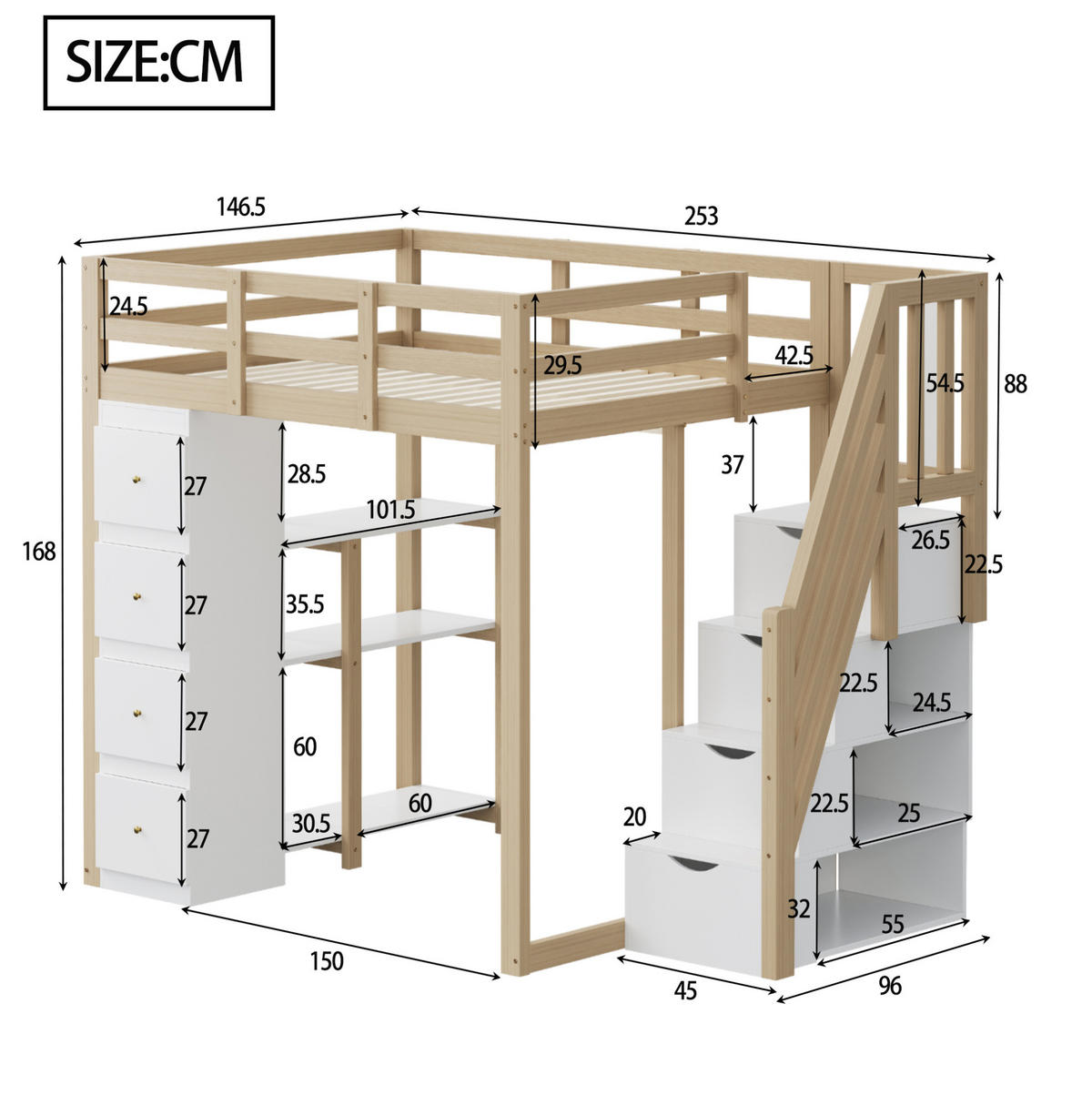 HOCHBETT 140/200 cm aus Massivholz – mit Stauraum, Rausfallschutz und Leiter - Weiß, Holz (140/200cm) - BEAOK