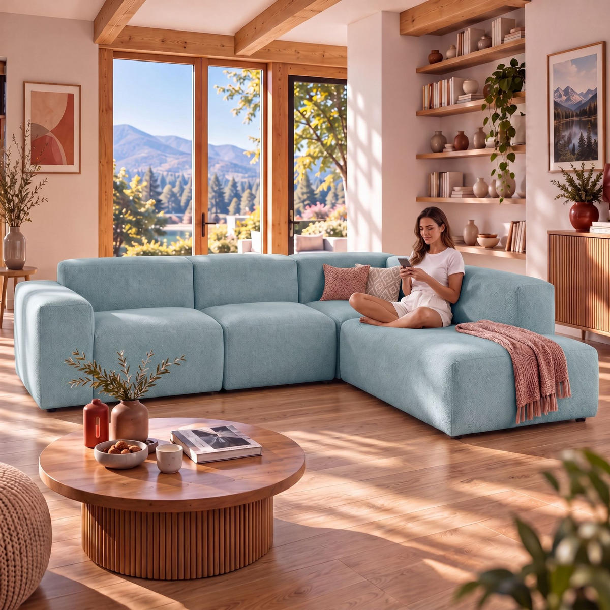 4-SITZER modulares Ecksofa HEAVEN SET 2 Rechts, Breite 300 cm Webstoff Blaugrau - Blaugrau/Schwarz, Holz/Kunststoff (245/300cm) - Muffo