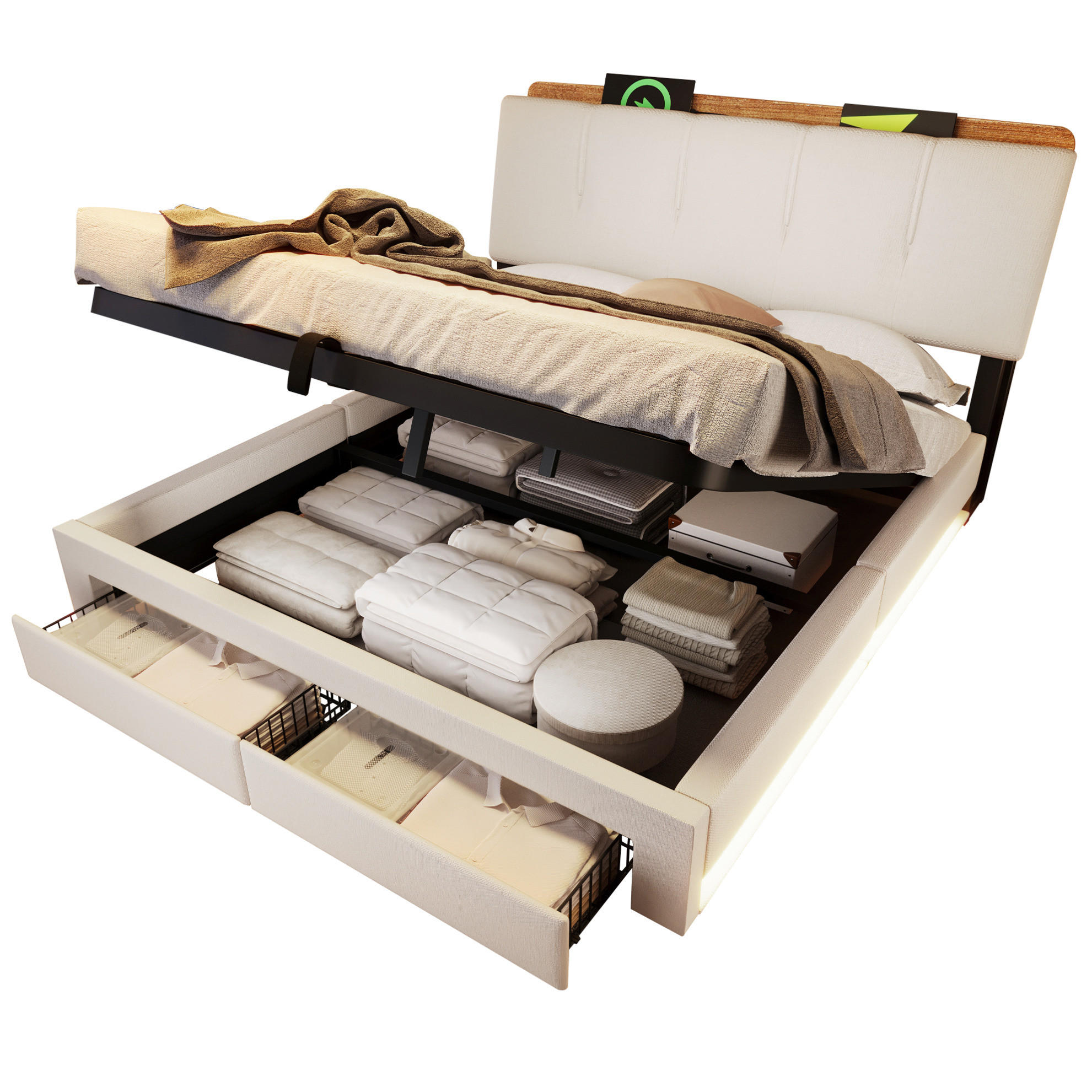 POLSTERBETT 140/200 cm aus Leinen und MDF mit LED-Beleuchtung USB Typ-C und Stauraum Beige - Beige, Textil (140/200cm) - Modenvie