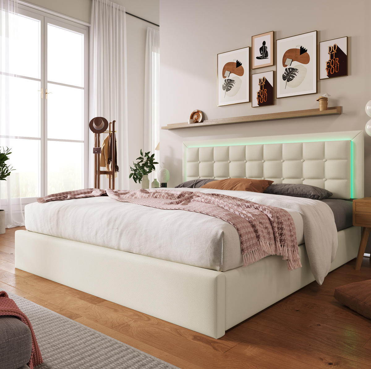POLSTERBETT aus Kunstleder 180x200 cm Weiß mit Bettkasten, Lattenrost und LED-Beleuchtung - Beige, Leder (180/200cm) - IVMEU