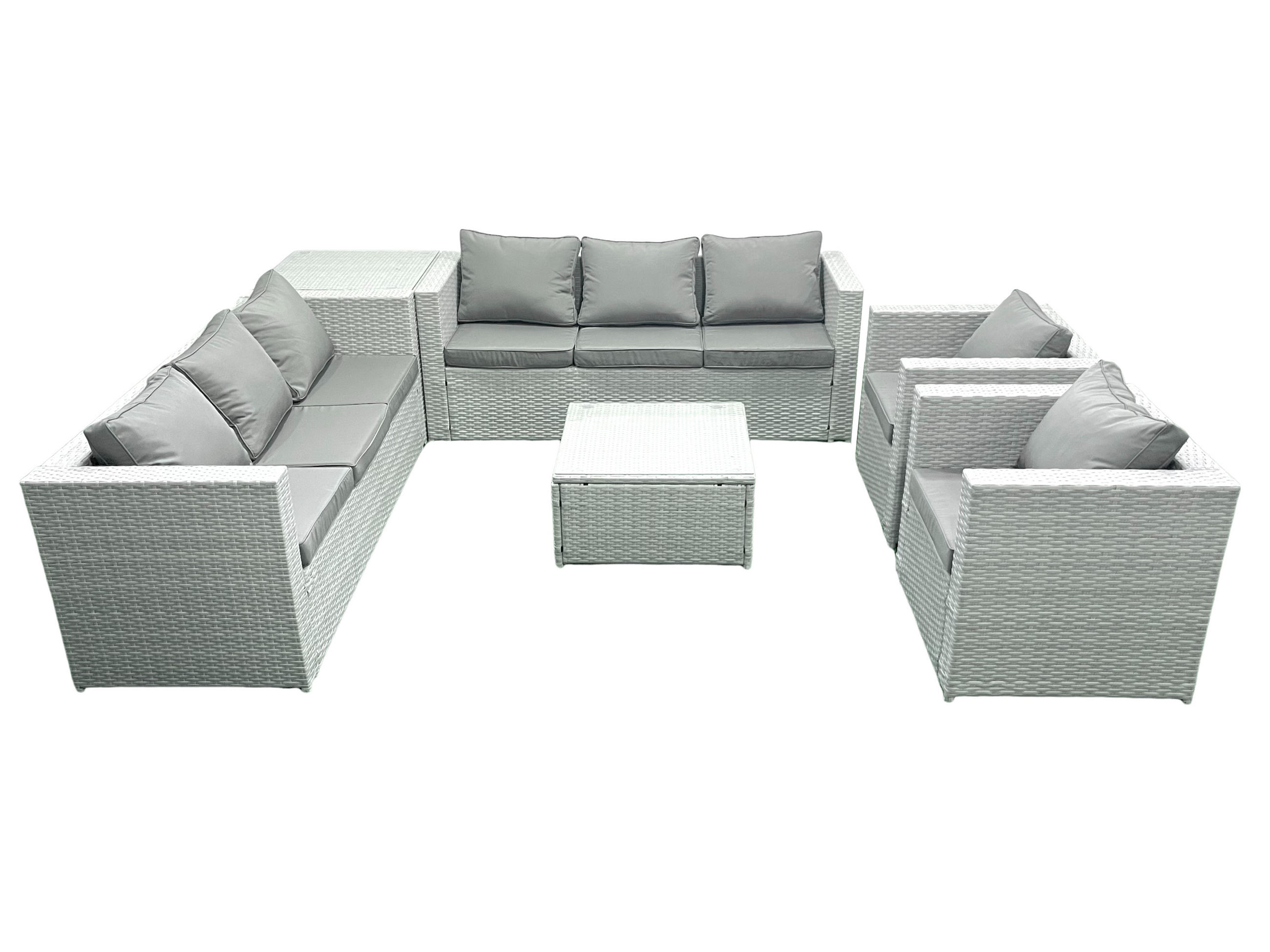 GARTENMÖBEL-SET mit Kissen Polyrattan Hellgrau-Mix 8-Sitzer - Hellgrau/Grau, Glas/Kunststoff - Fimous