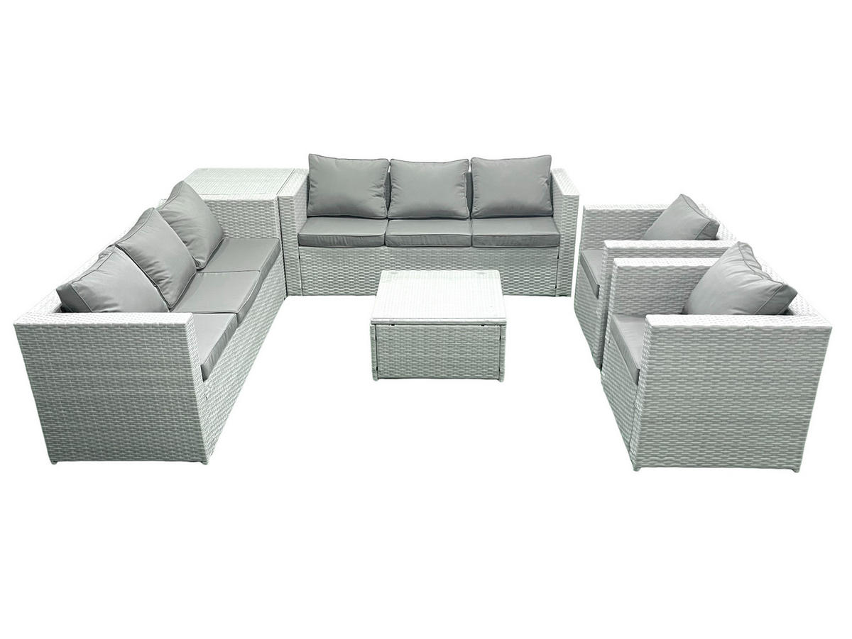 GARTENMÖBEL-SET mit Kissen Polyrattan Hellgrau-Mix 8-Sitzer - Hellgrau/Grau, Glas/Kunststoff - Fimous