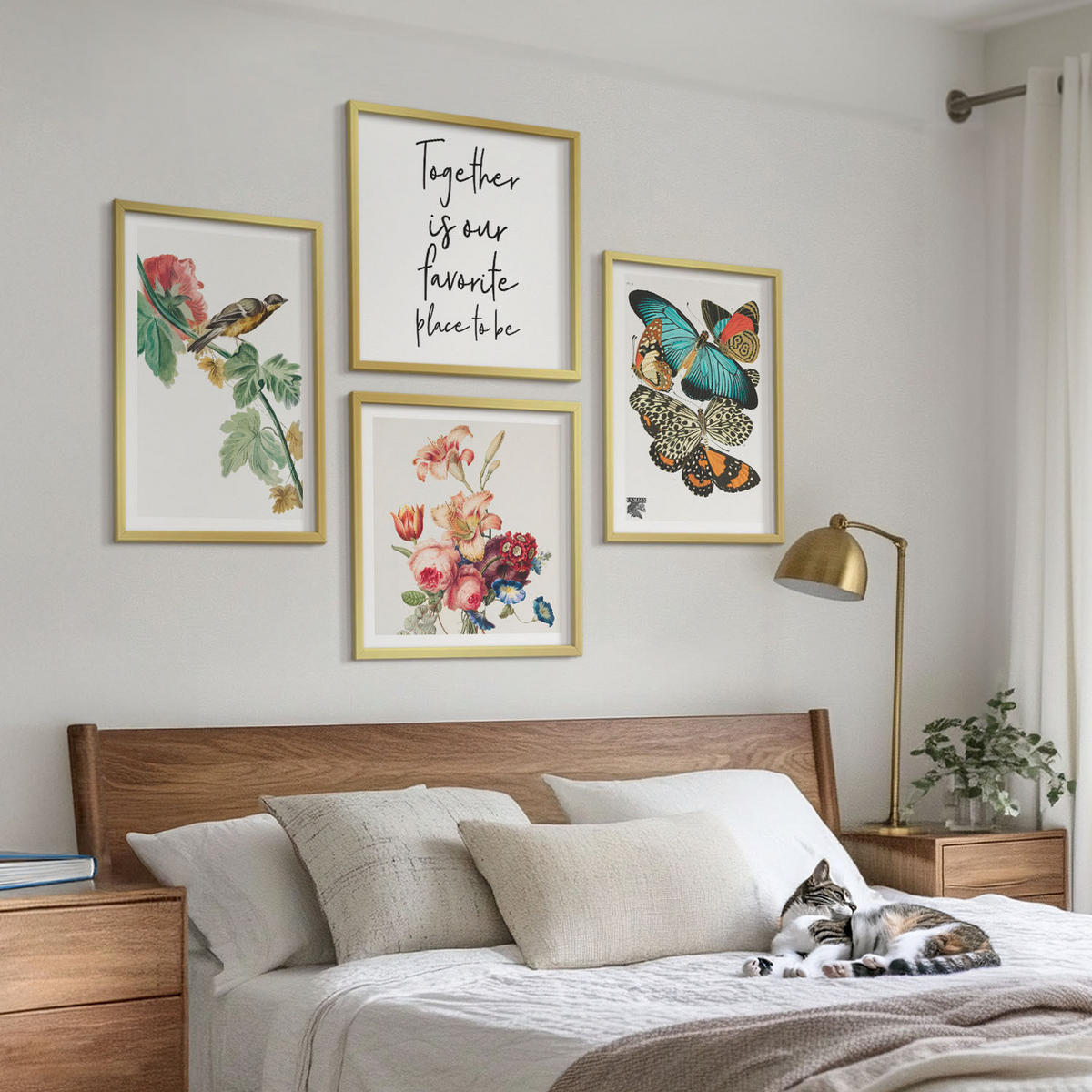 BILDER SET 4er Set - 50x50 cm & 40x60 cm Goldrahmen - Blumen, Schmetterlinge, Vögel, Pastellfarben - Goldfarben, Kunststoff (50/50cm) - TULUP