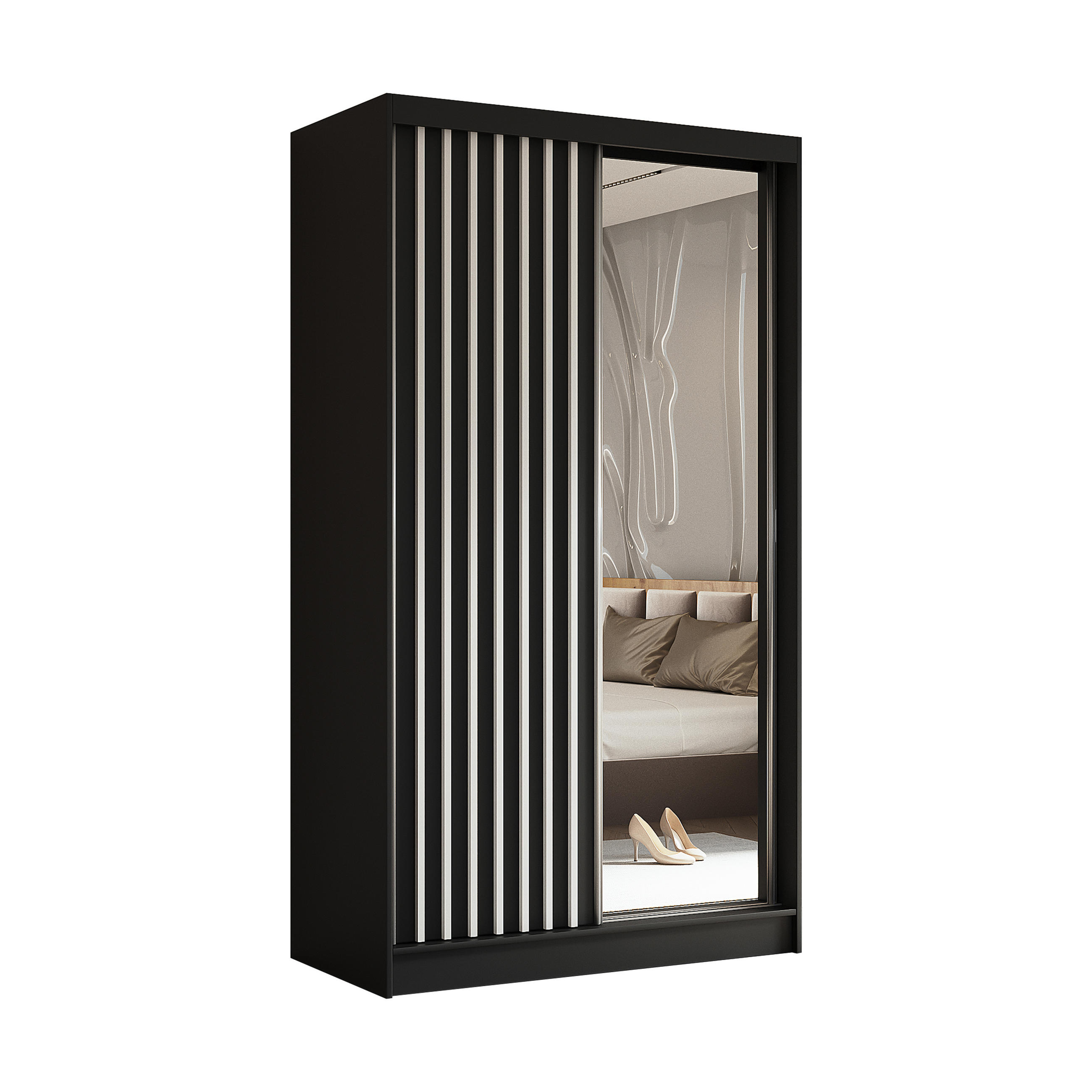 SCHWEBETÜRENSCHRANK LAMELLO 120/216/61 cm 2-türig mit Spiegel Schwarz - Schwarz, Holzwerkstoff (120/216/61cm) - MASSENO