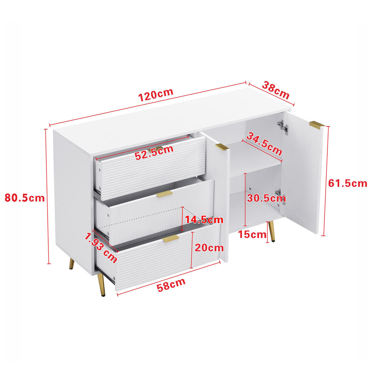 SIDEBOARD in Weiß-Gold mit 3 Schubladen und 2 Türen, MDF-Korpus, Wellenmuster, elegante goldene Griffe und Beine, 120/38/80,5 cm, Weiß-Gold - Weiß, Holzwerkstoff (120/80.5/38cm) - Redom
