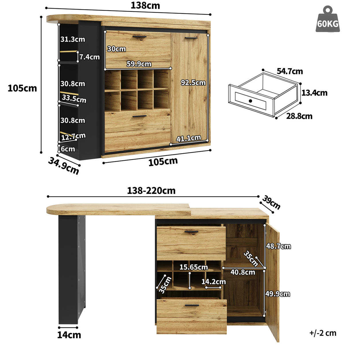 AUSZIEHTISCH 138/39/105 cm in Holzoptik mit Stauraum - Naturfarben, Holzwerkstoff (138/39/105cm) - BEAOK
