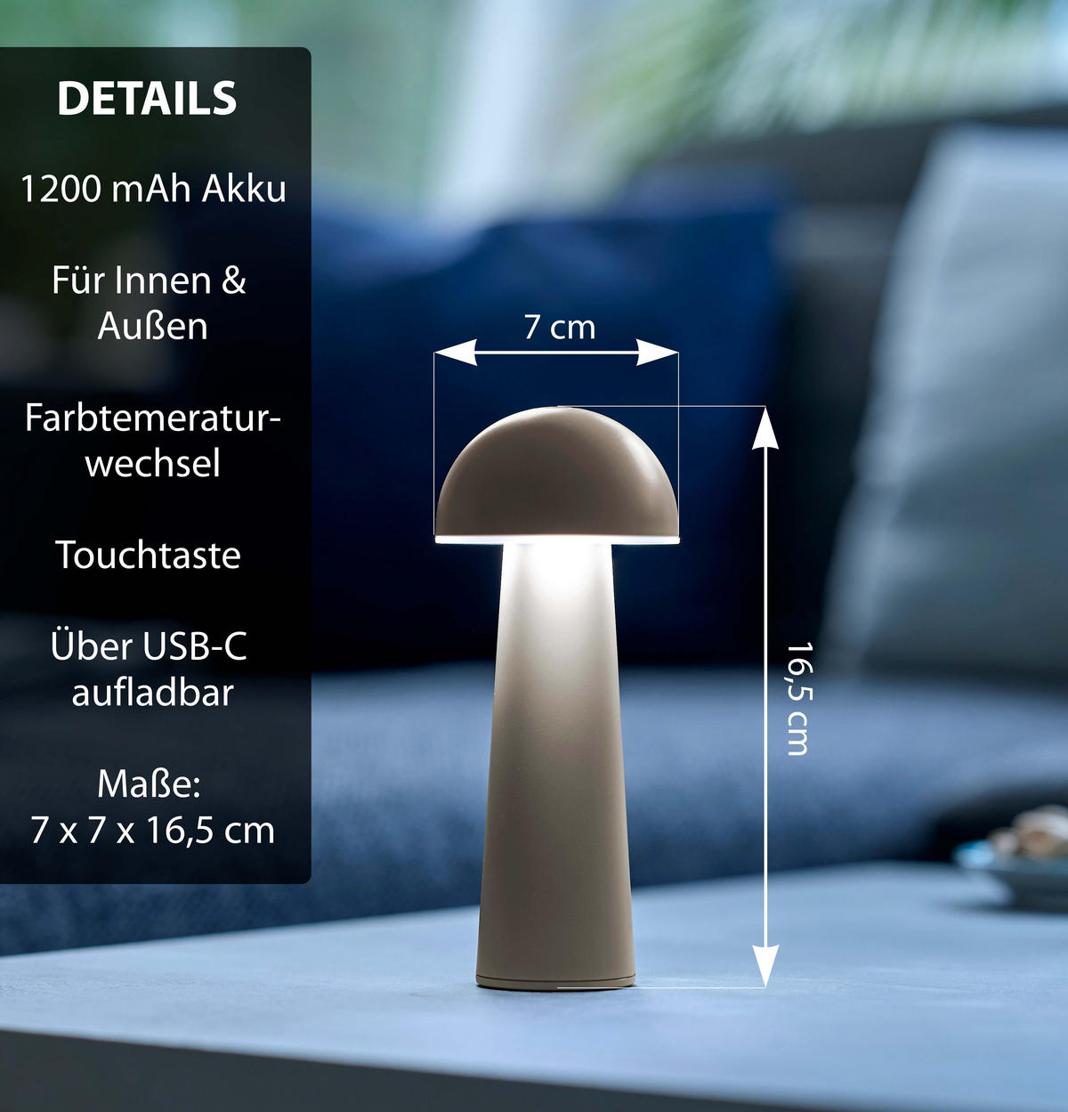 LED-TISCHLEUCHTE Pilzform dimmbar CCT Farbwechsel Ø 9 x 17 cm Pilz taupe - Beige, Kunststoff (9/9/17cm) - Northpoint