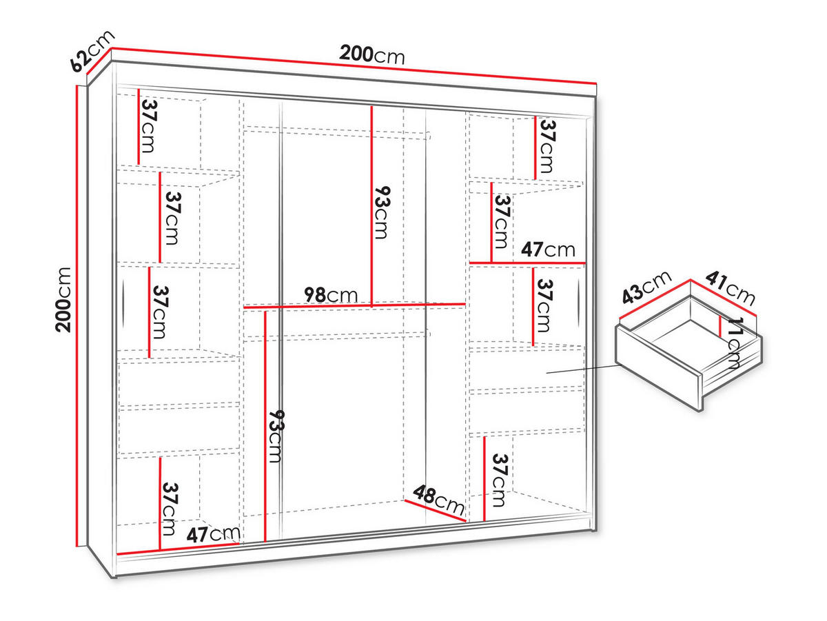 SCHWEBETÜRENSCHRANK Wika 200 cm mit Schubladen - Silberfarben/Weiß, Holzwerkstoff/Kunststoff (200/200/62cm) - MIRJAN24