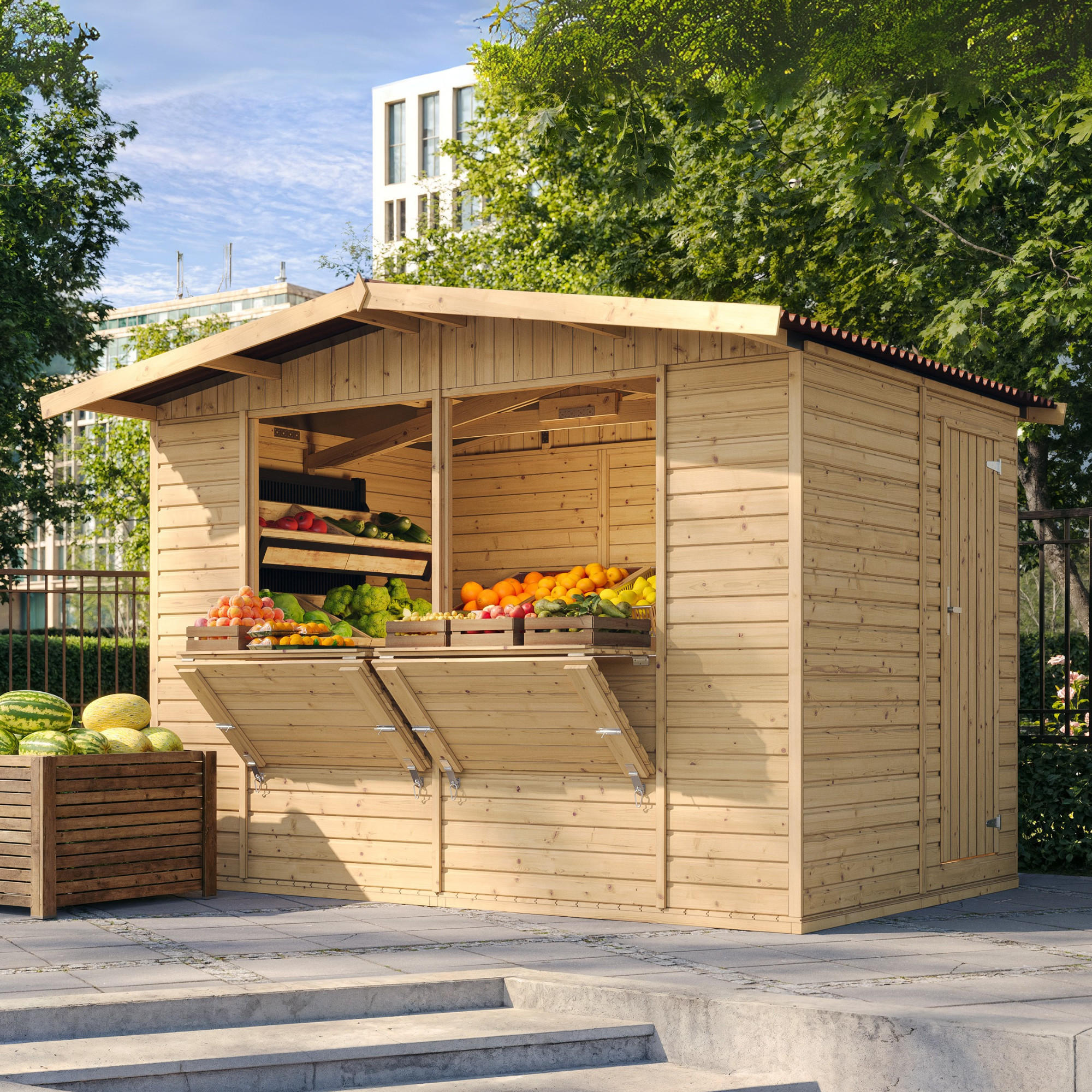 MARKTBUDE Holz, Gartenhaus , ZWEI FENSTER - 200x300/6 m2 - M150 - Beige, Holz (336/232/263cm) - Timbela
