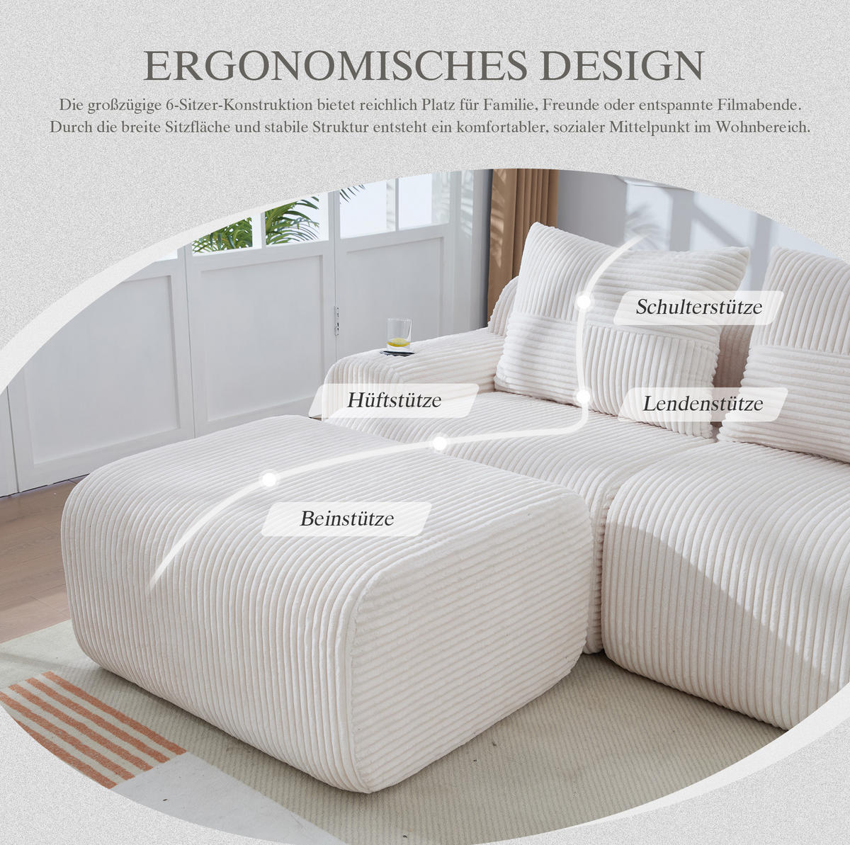 MODULARES 2-Sitzer Sofa Cord mit Getränkehalter und Seitentasche 200/174/80 cm Beige - Beige, Textil (174/200cm) - Redom