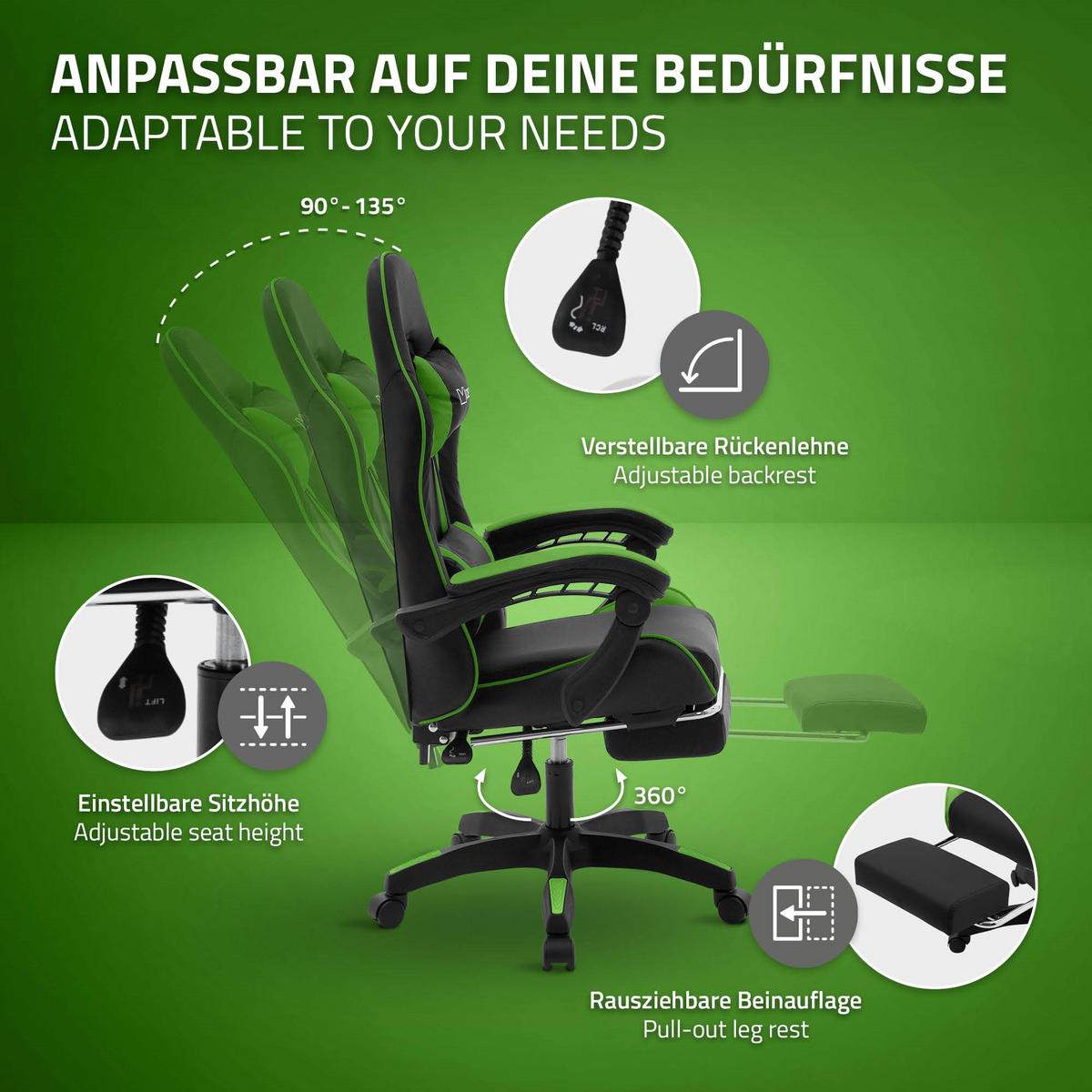 GAMINGSTUHL Schwarz-Grün aus Kunstleder - Schwarz/Grün, Kunststoff/Metall (62/119/62cm) - ML-DESIGN