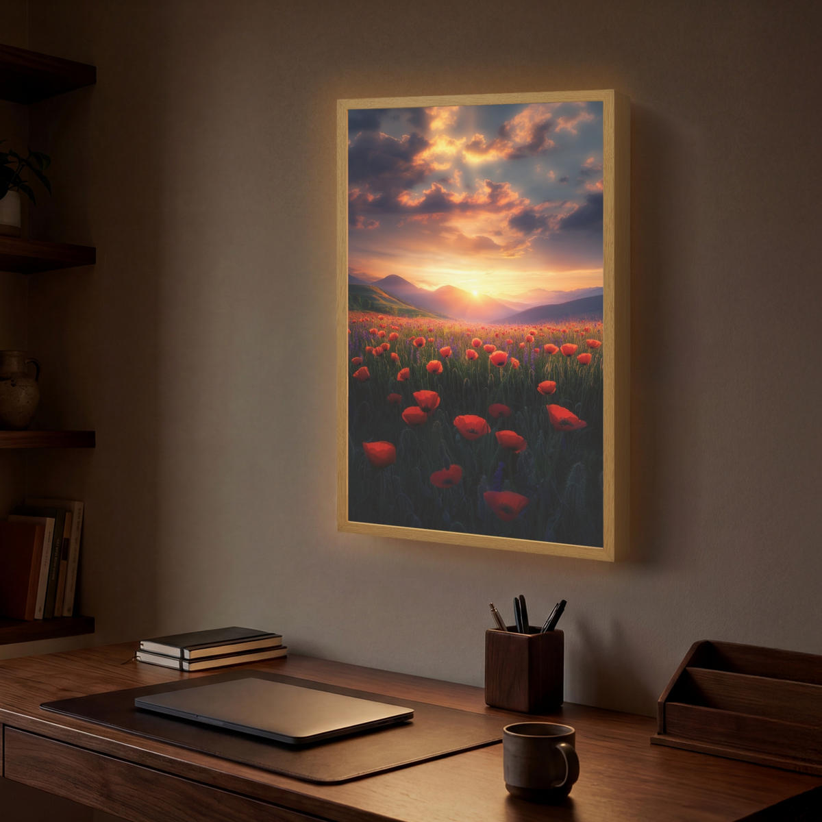 WANDLEUCHTE MIT AKKU Landschaft - Sonnenuntergang - Blumenfeld 40x60 cm - Rot, Holzwerkstoff (40/60/8cm) - OnlyWow