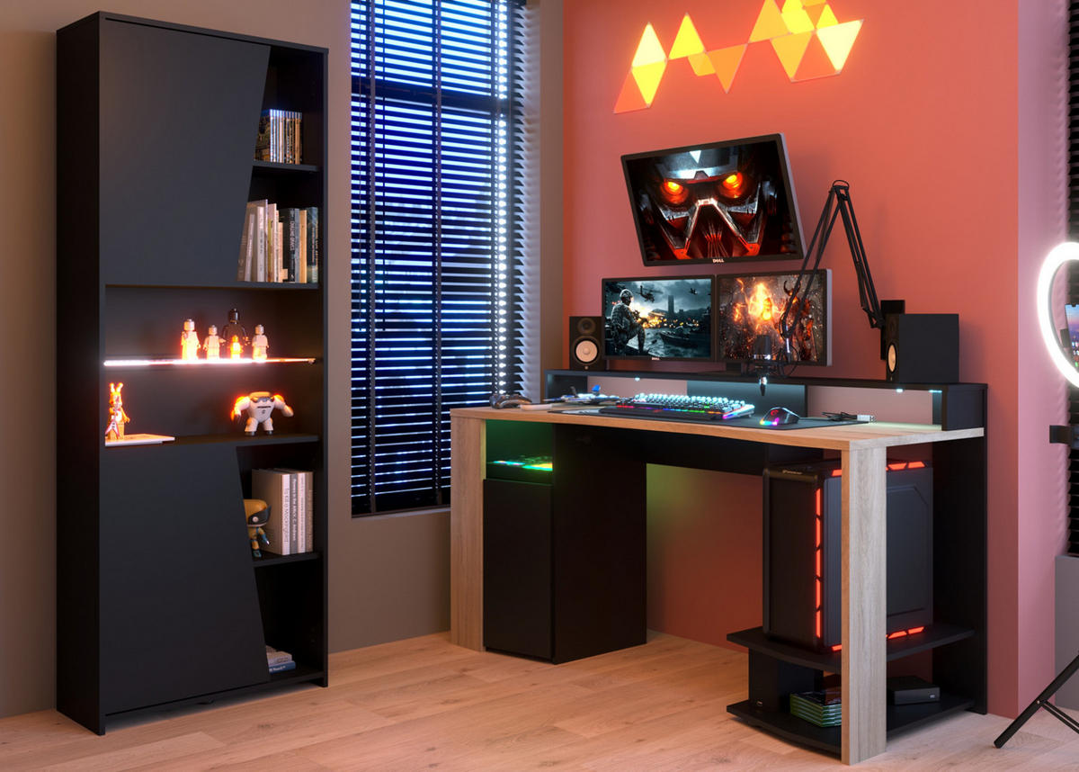 SCHREIBTISCHKOMBINATION schwarz, Eiche, Gamingtisch und Schrank inklusive LED-Beleuchtung - Eichefarben/Schwarz, Holzwerkstoff/Metall (62/219/180cm) - Parisot Meuble
