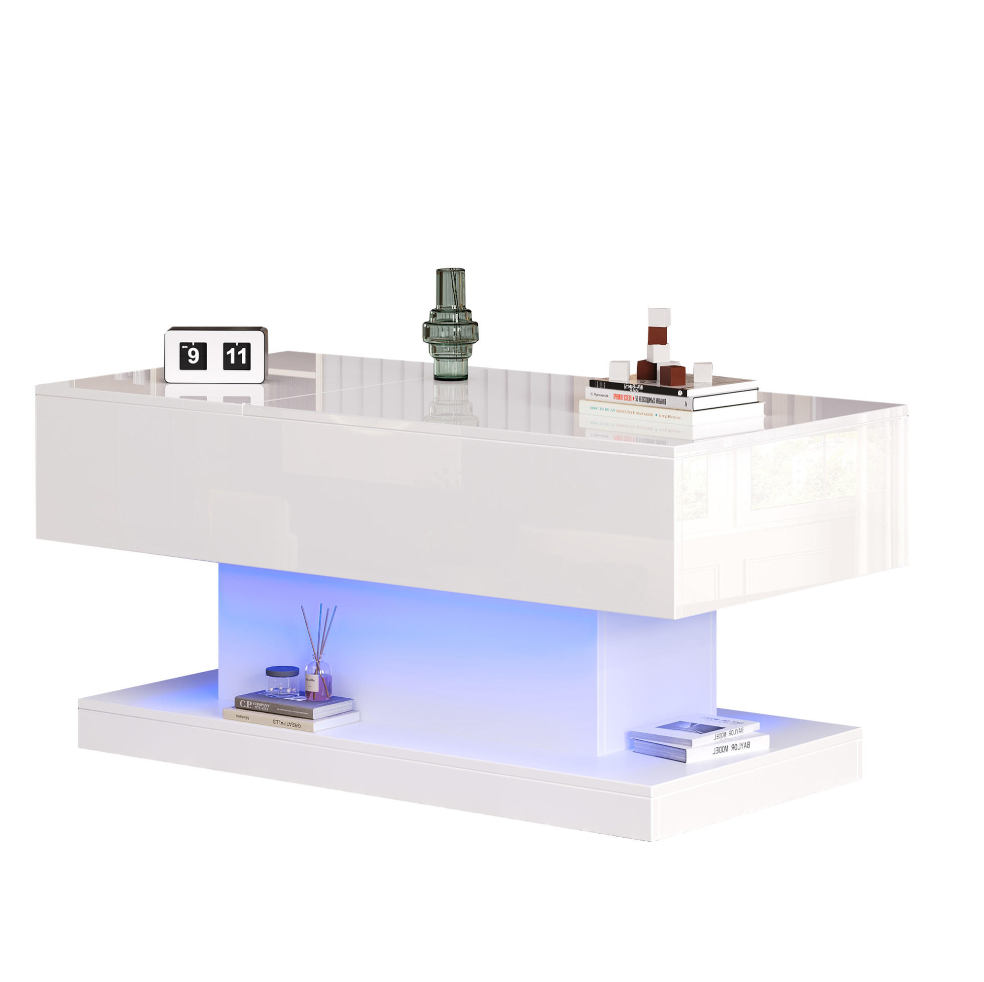 COUCHTISCH 100/50/45 cm weiß aus Spanplatte mit LED-Beleuchtung und Stauraum - Weiß, Holzwerkstoff (100/50/45cm) - OKMYHOME