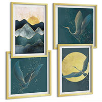 BILDER SET 4er Set - 50x50 cm & 40x60 cm Goldrahmen - Vögel, Kraniche, Mond, Berge - Goldfarben, Kunststoff (50/50cm) - TULUP