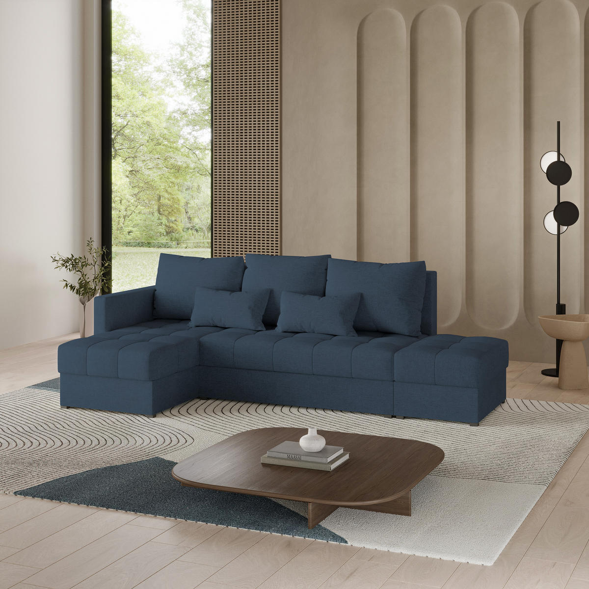 ECKSOFA LUMARI L-S Blau Plüsch-Stoff mit Schlaffunktion - Blau, Holz (262/143cm) - MASSENO