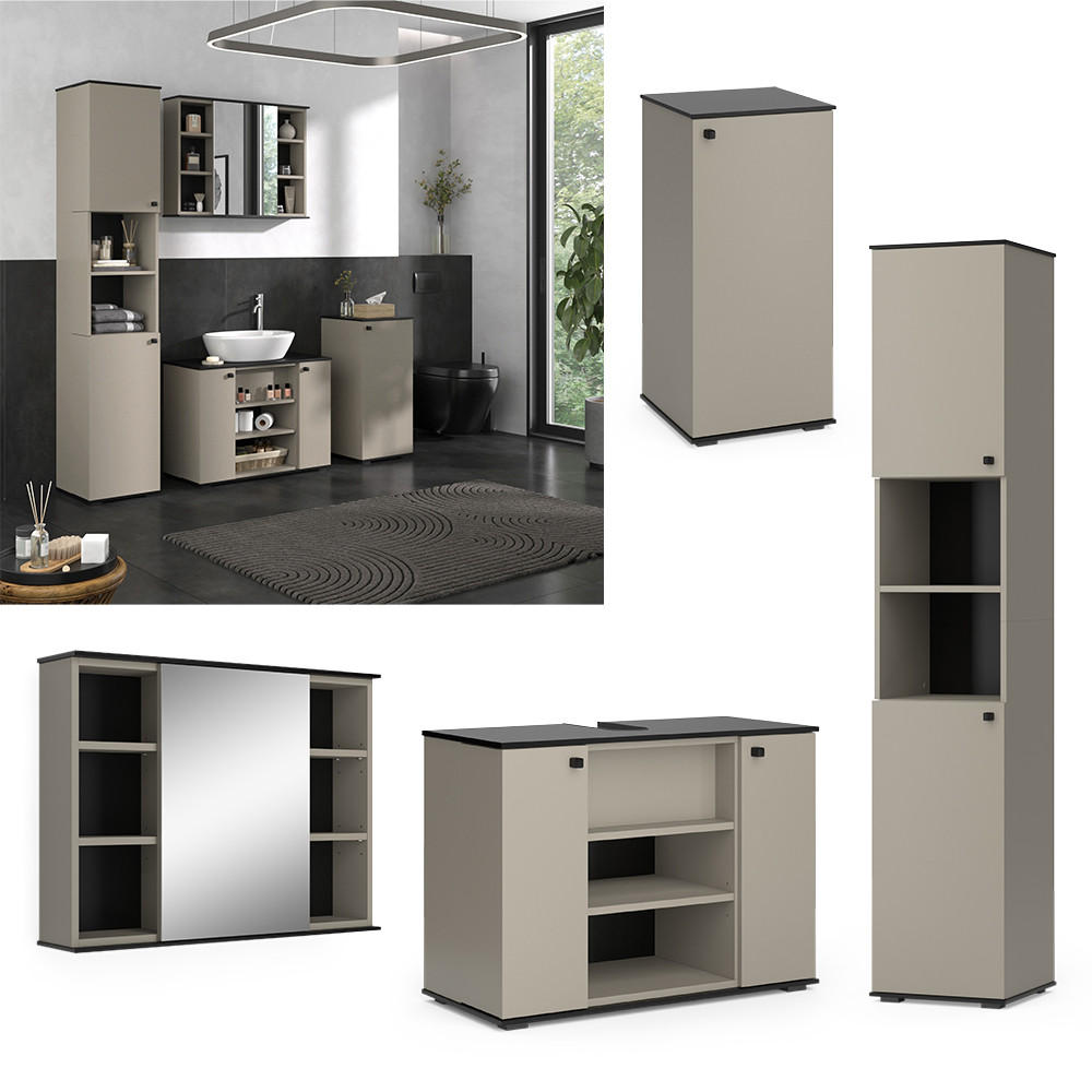 BADMÖBEL-SET Joli Greige 4 Teile, mit Hochschrank und Midischrank - Greige/Schwarz, Holzwerkstoff (80/59/37cm) - Vicco