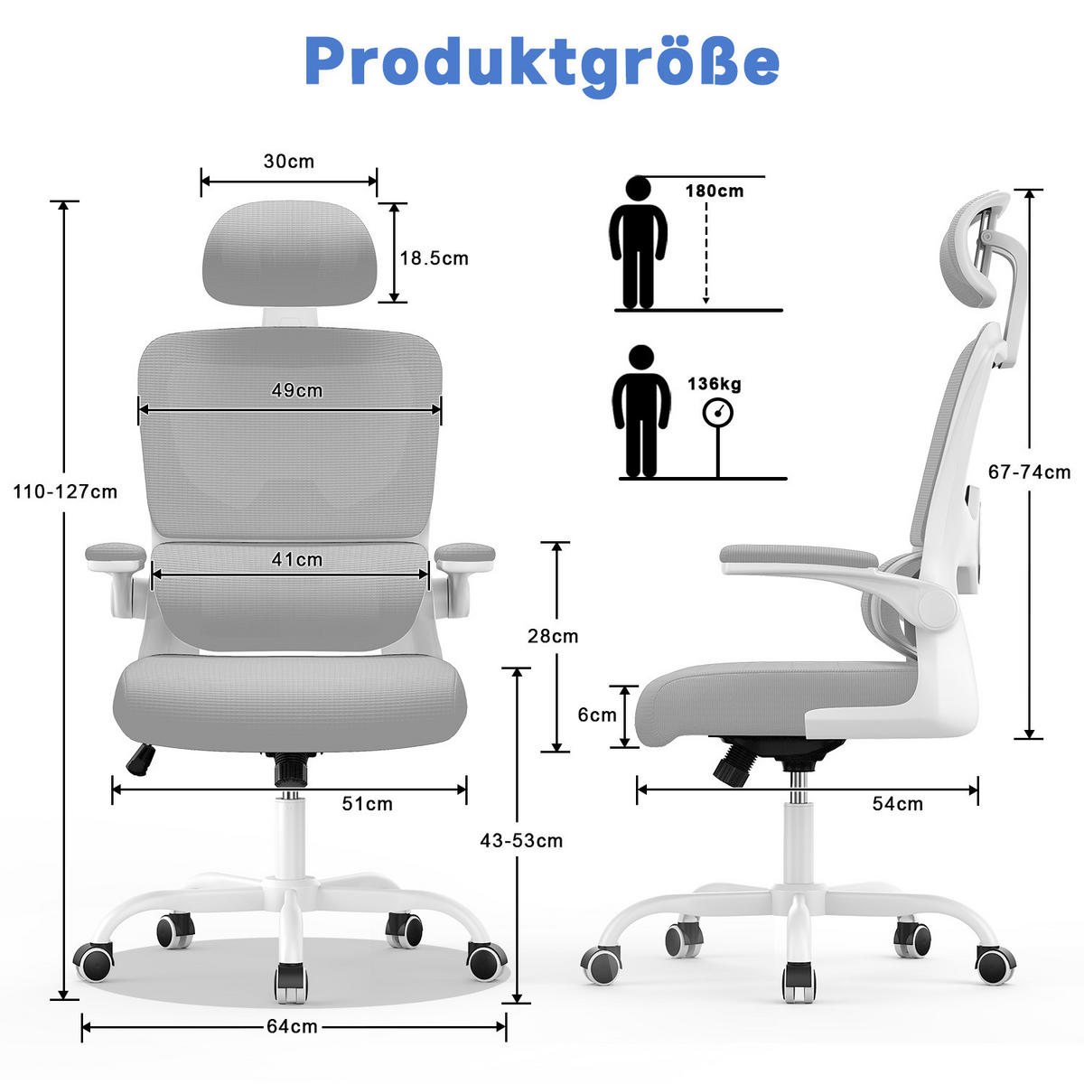 COMPUTERSTUHL drehbar, Wippfunktion – Grau - Grau, Metall (54/127/54cm) - Rattantree