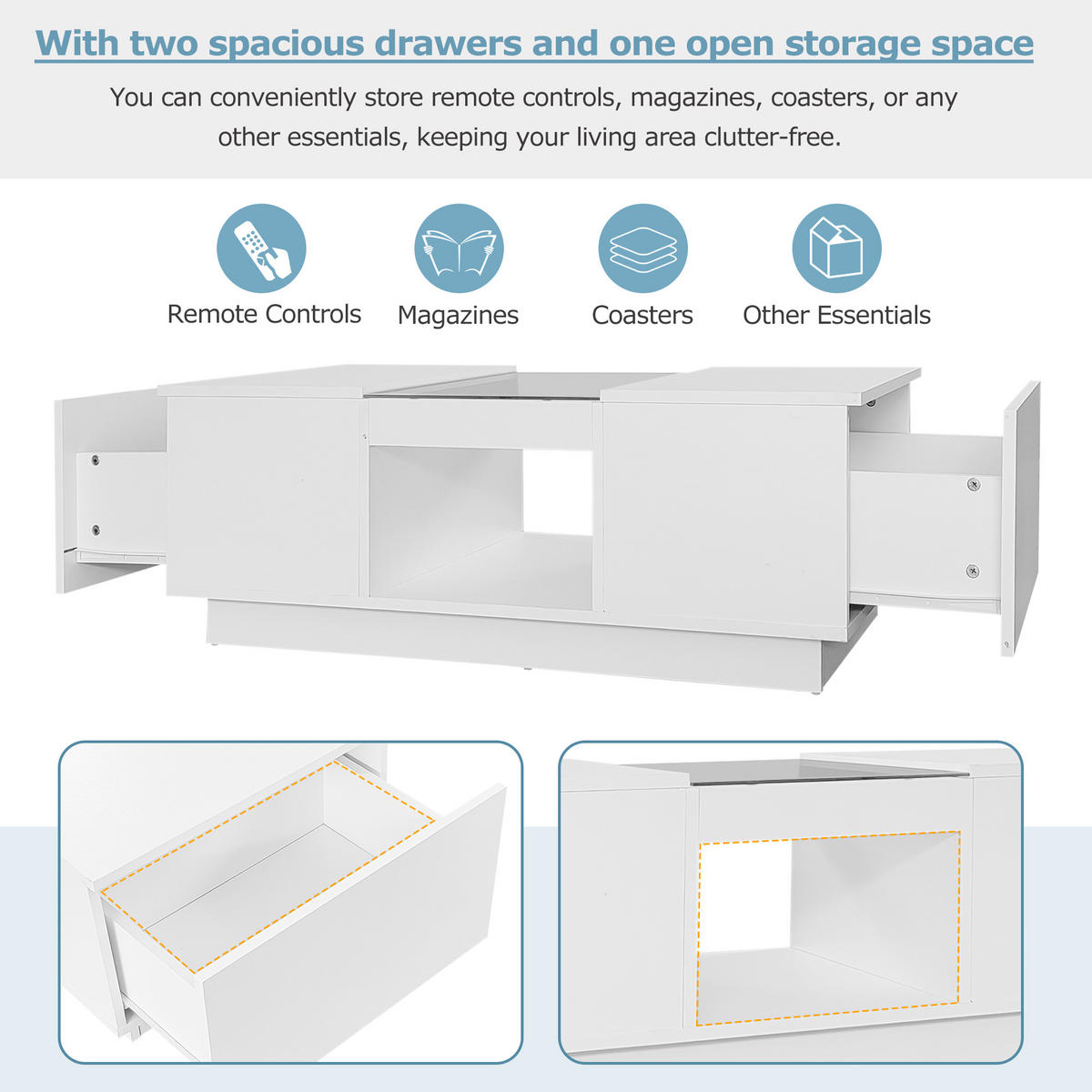 COUCHTISCH DE-060 Glas/LED Weiß - Weiß, Holzwerkstoff (50/100/36cm) - ComfortXL