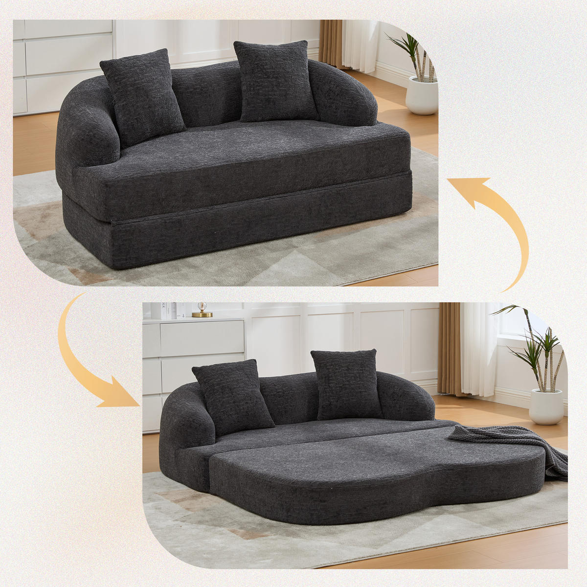 SCHLAFSOFA, 2 Sitzer aus Chenille, Klappsofa Bodensofa mit Schlaffunktion, Dunkelgrau - Dunkelgrau, Textil (157/44/153cm) - LVHOM
