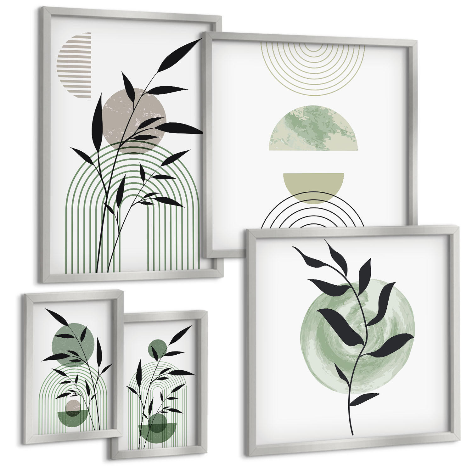 BILDER SET 5er Set - 50x50 cm & 20x30 cm & 40x60 cm Silberner Rahmen - Boho-Pflanzenkompositionen - Silberfarben, Kunststoff (40/60cm) - TULUP