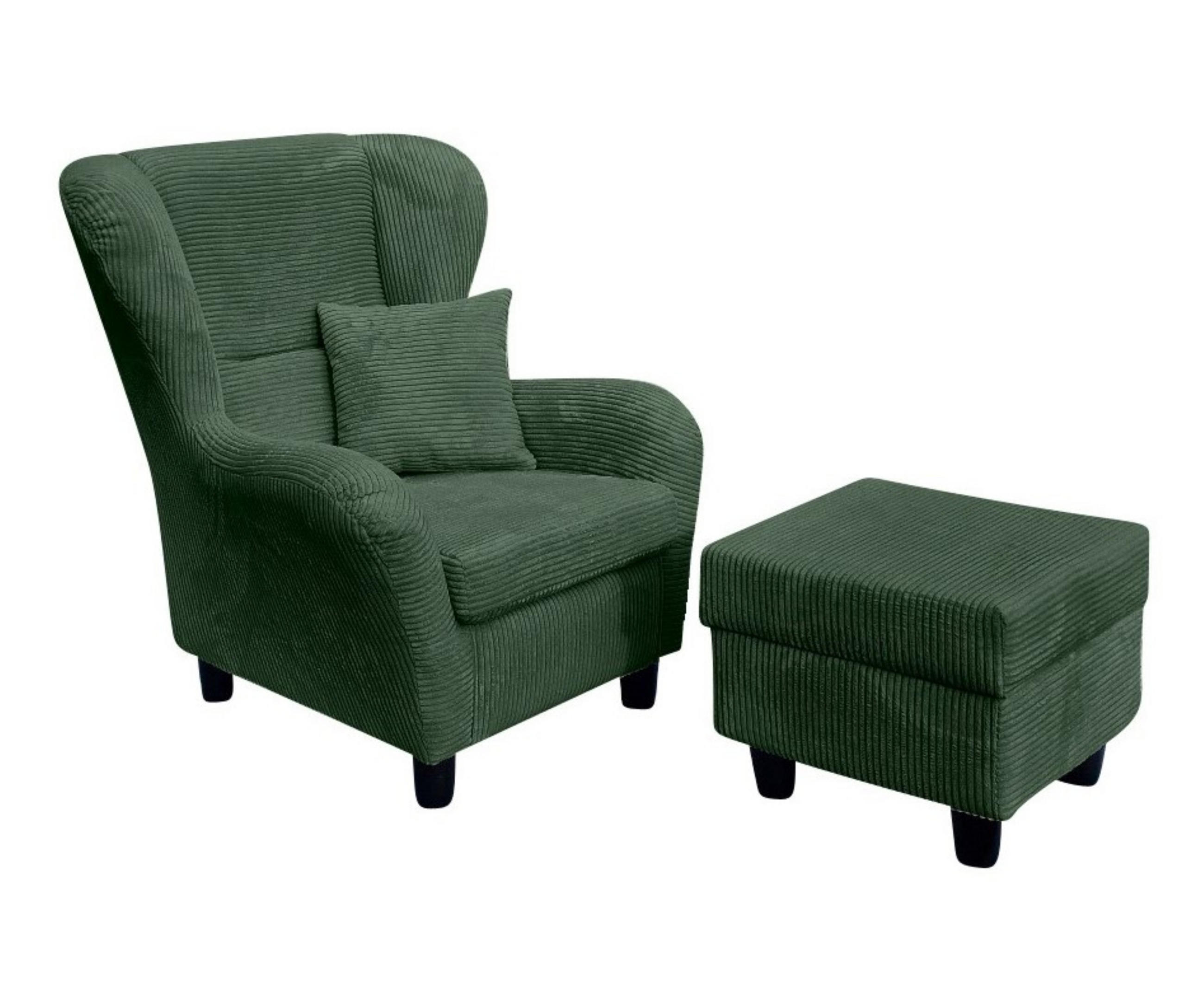 OHRENSESSEL mit HOCKER, hoher Sitzkomfort durch Wellenunterfederung B90/H98/T76 cm, Cord Dunkel-Grün / 18018 - Schwarz/Grün, Holz/Textil (90/98/76cm) - luma-home