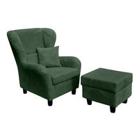 OHRENSESSEL mit HOCKER, hoher Sitzkomfort durch Wellenunterfederung B90/H98/T76 cm, Cord Dunkel-Grün / 18018 - Schwarz/Grün, Holz/Textil (90/98/76cm) - luma-home