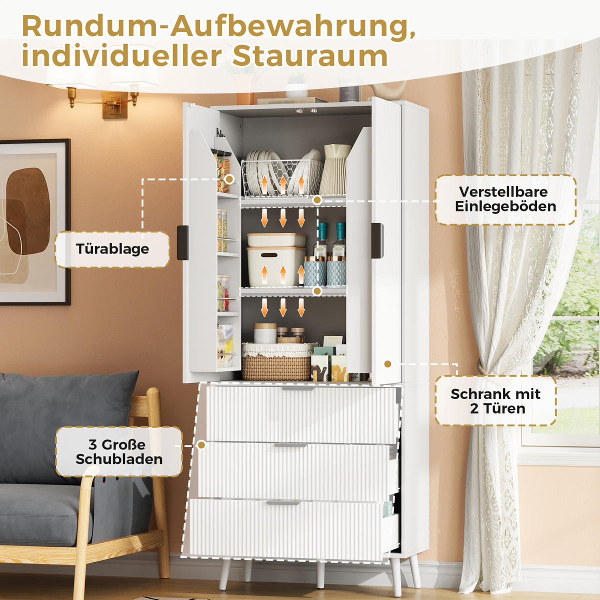 HIGHBOARD DE-38756 75/35/180 cm 2 Türen und 3 Schubladen Weiß - Weiß, Holzwerkstoff (75/180/35cm) - ComfortXL