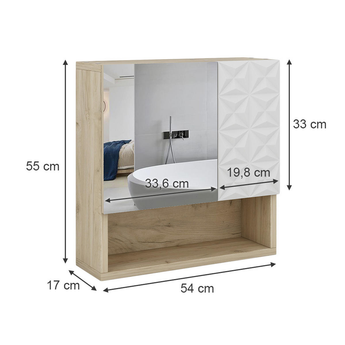 BADSPIEGELSCHRANK Edge Weiß 54 x 55 cm mit Tür und offenen Fächern - Eichefarben/Weiß, Holzwerkstoff (54/55/17cm) - Vicco