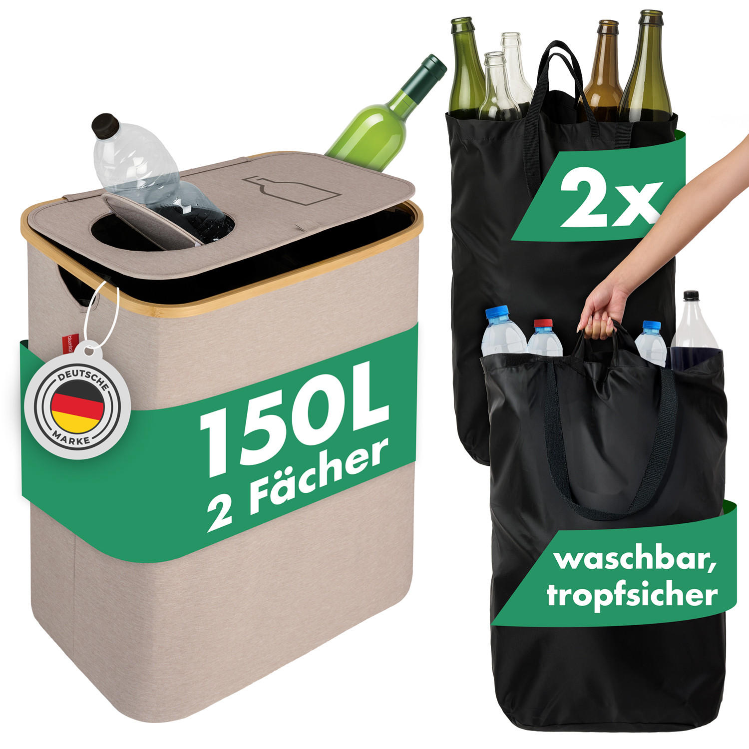 PFANDFLASCHEN-SAMMELBEHÄLTER 150L Beige (2 Fächer) - Beige, Kunststoff (37/4/57cm) - Blumtal