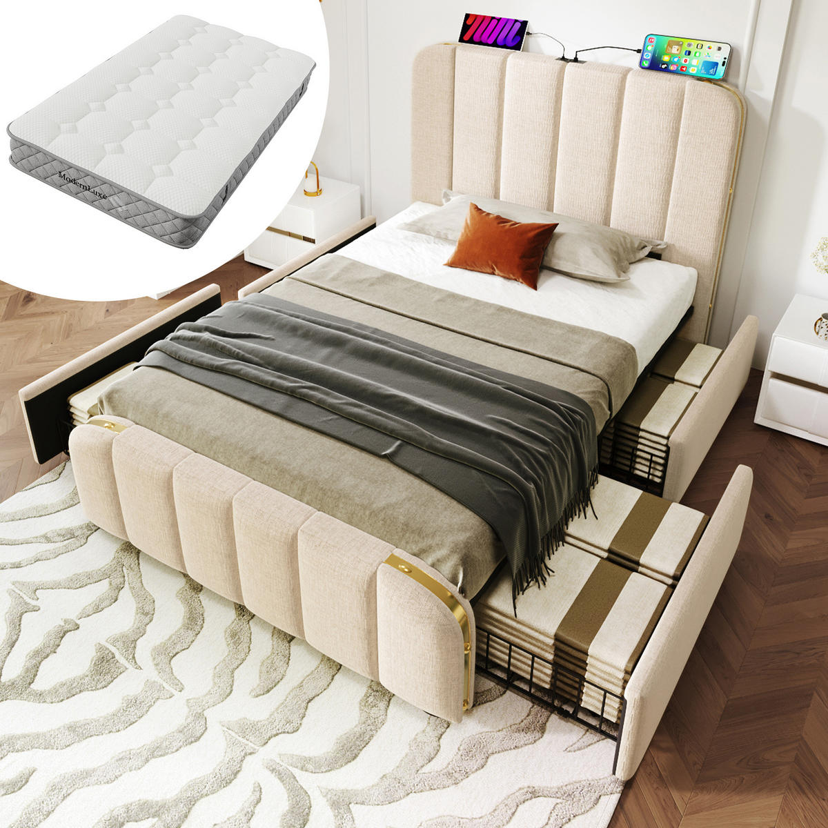 POLSTERBETT aus Leinenstoff 90x200 cm Beige mit 4 Schubladen, USB-/USB-C-Anschluss und Matratze - Beige, Textil (90/200cm) - IVMEU