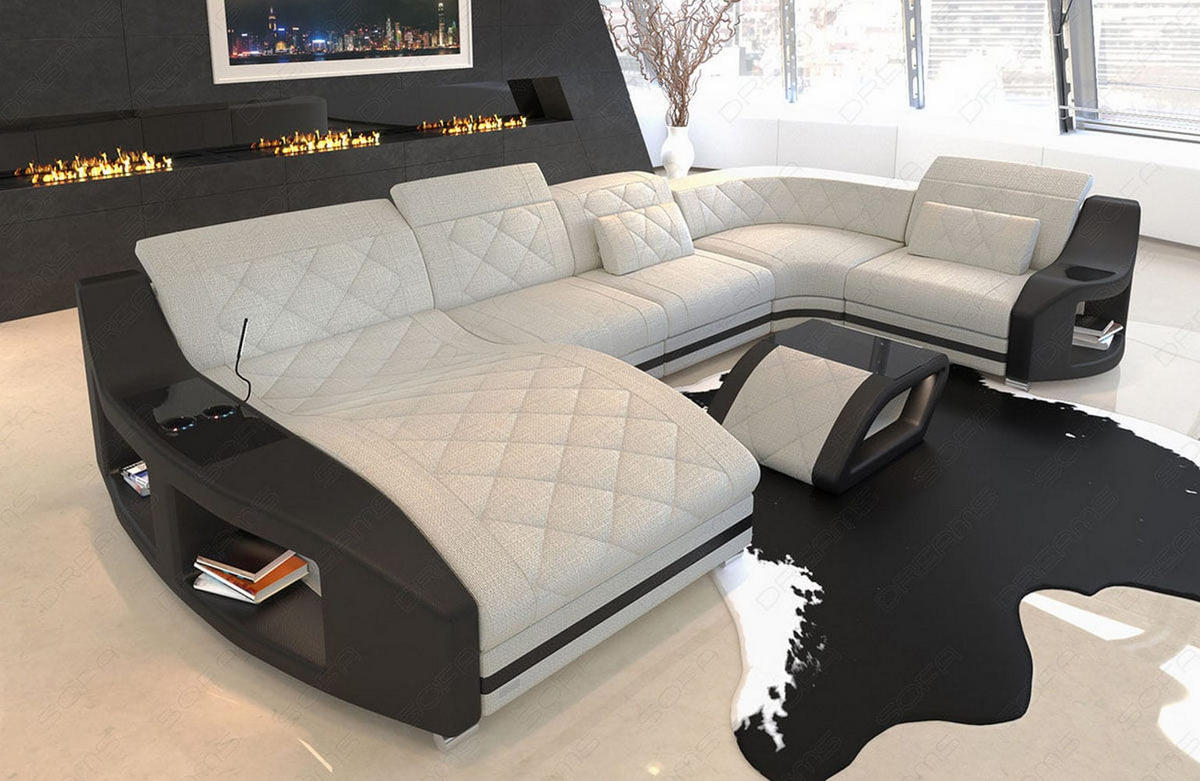 WOHNLANDSCHAFT Stoff Sofa Swing U Form Elfenbein Schwarz Strukturstoff - Creme, Kunststoff (404/90/220cm)