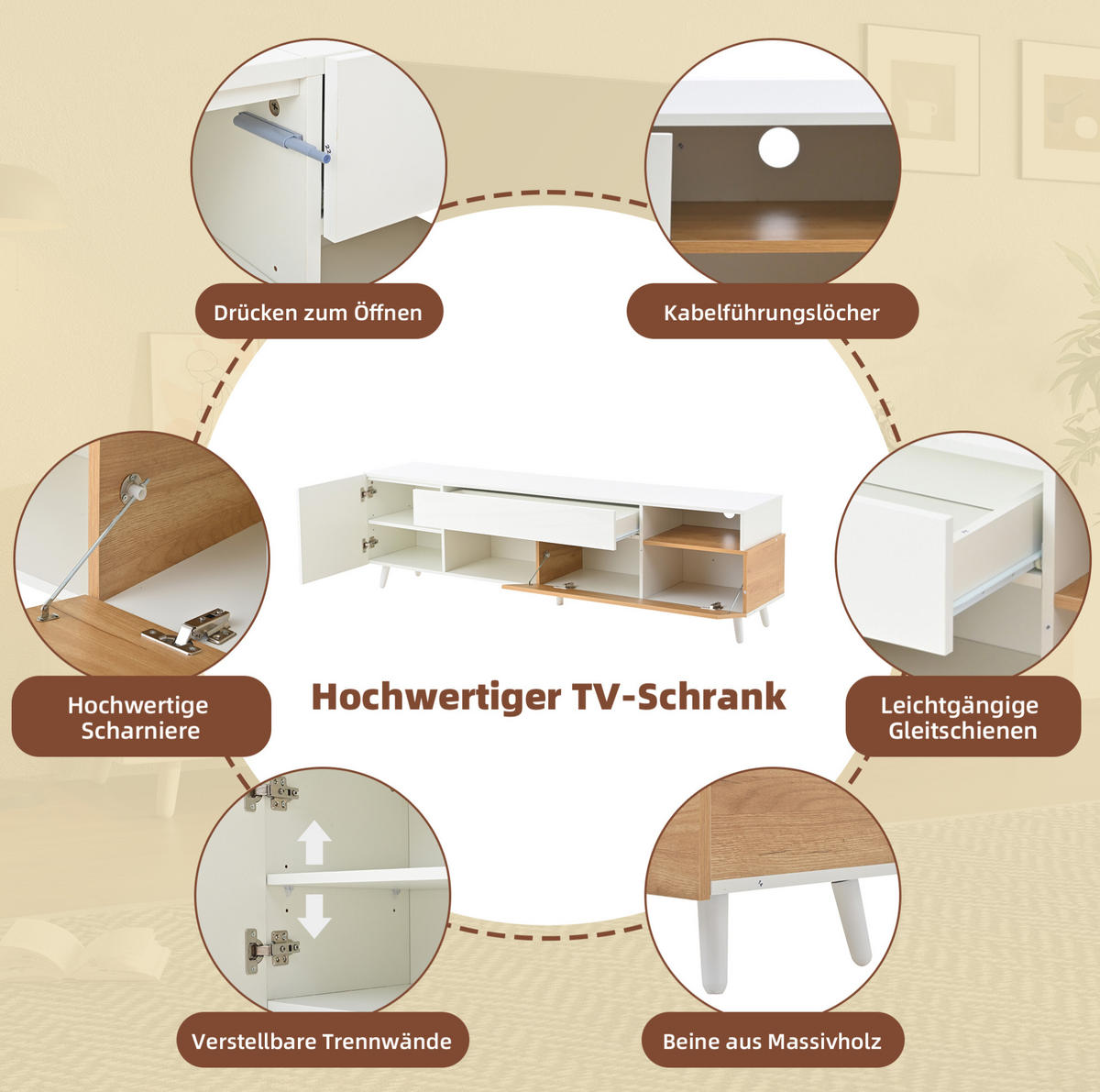 FERNSEHSCHRANK aus Spanplatte 180x38x50 cm Weiß/Naturfarben mit Hochglanzfront, 1 Schublade und 7 Fächern - Hellbraun, Holzwerkstoff (180/50/38cm) - Modfu