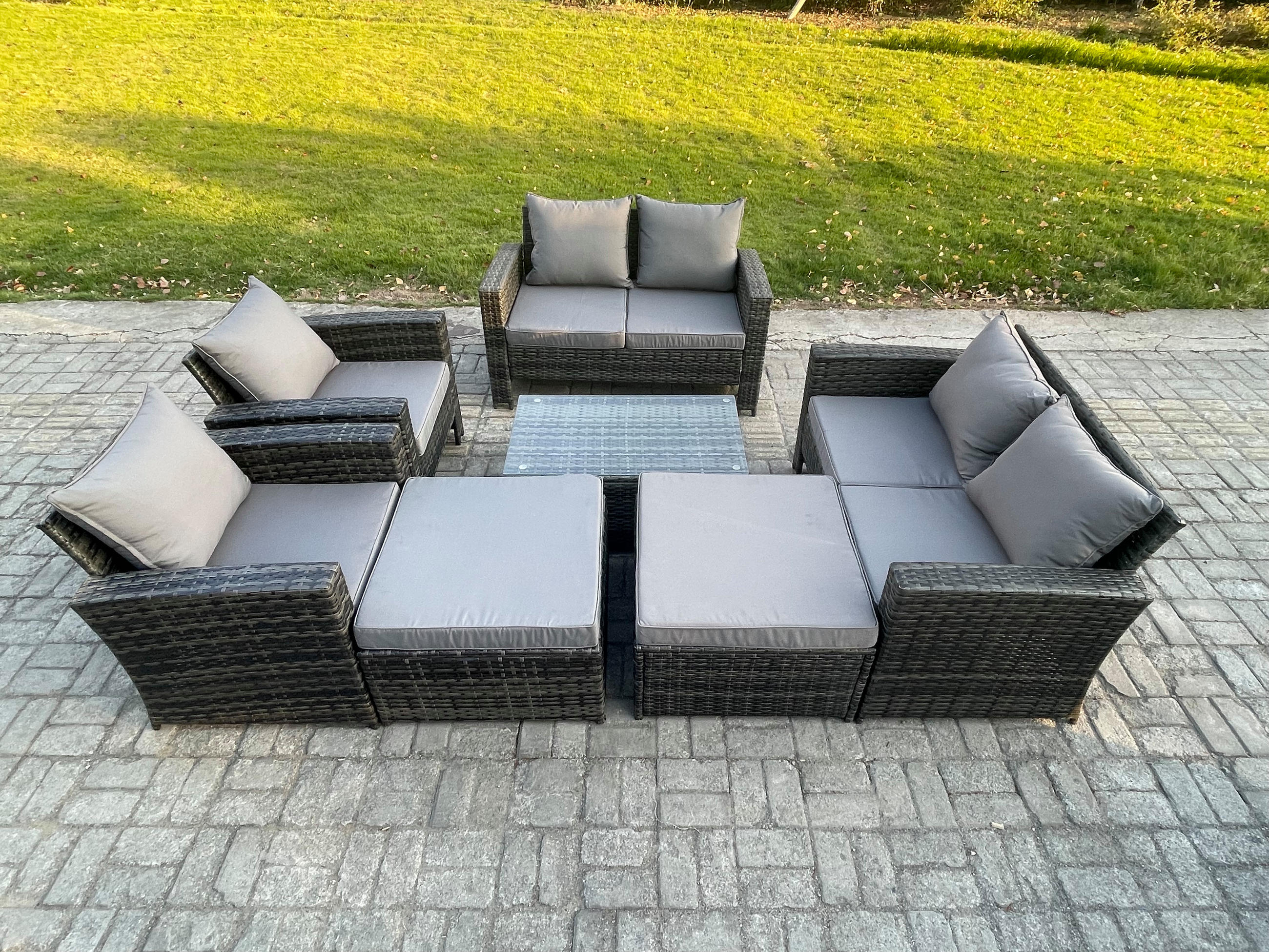 GARTENSOFA Hohe Rückenlehne Polyrattan Dunkelgrau 8-Sitzer - Dunkelgrau, Metall - Fimous
