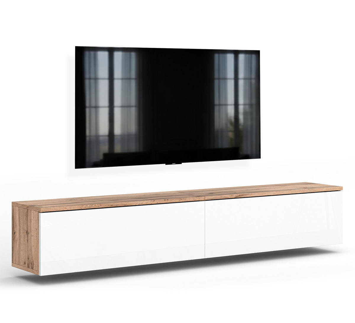 LOWBOARD Barvo 2x100 Eiche Wotan / Weiß Hochglanz 200/34/32 cm – hängendes TV-Board - Braun/Weiß, Holzwerkstoff (200/34/32cm) - AX Living