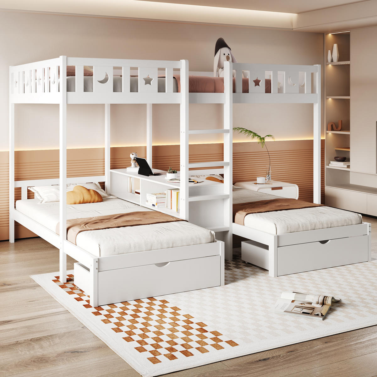 ETAGENBETT 90/200 cm & 140/200 cm mit Leiter, Stauraum und 2 Schubladen, Stern- und Monddesign, Weiß - Weiß, Holzwerkstoff (90/200cm) - Redom