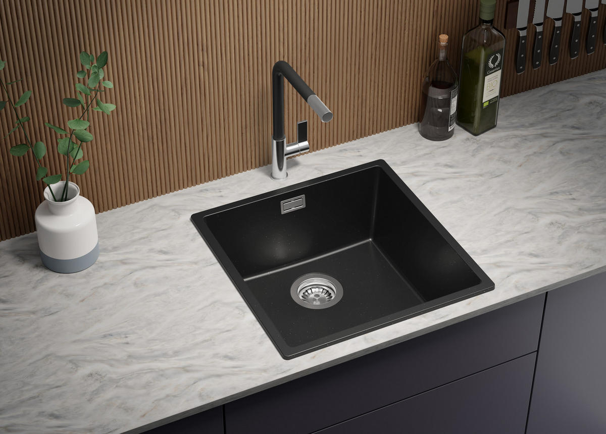 SPÜLBECKEN London Slim, 2-er set Schwarz Metallic 46/47 cm 1 Becken + Ablauf-Set ab 50er Unterschrank - Chromfarben/Schwarz Hochglanz, Kunststoff (46/20/47cm) - Primagran