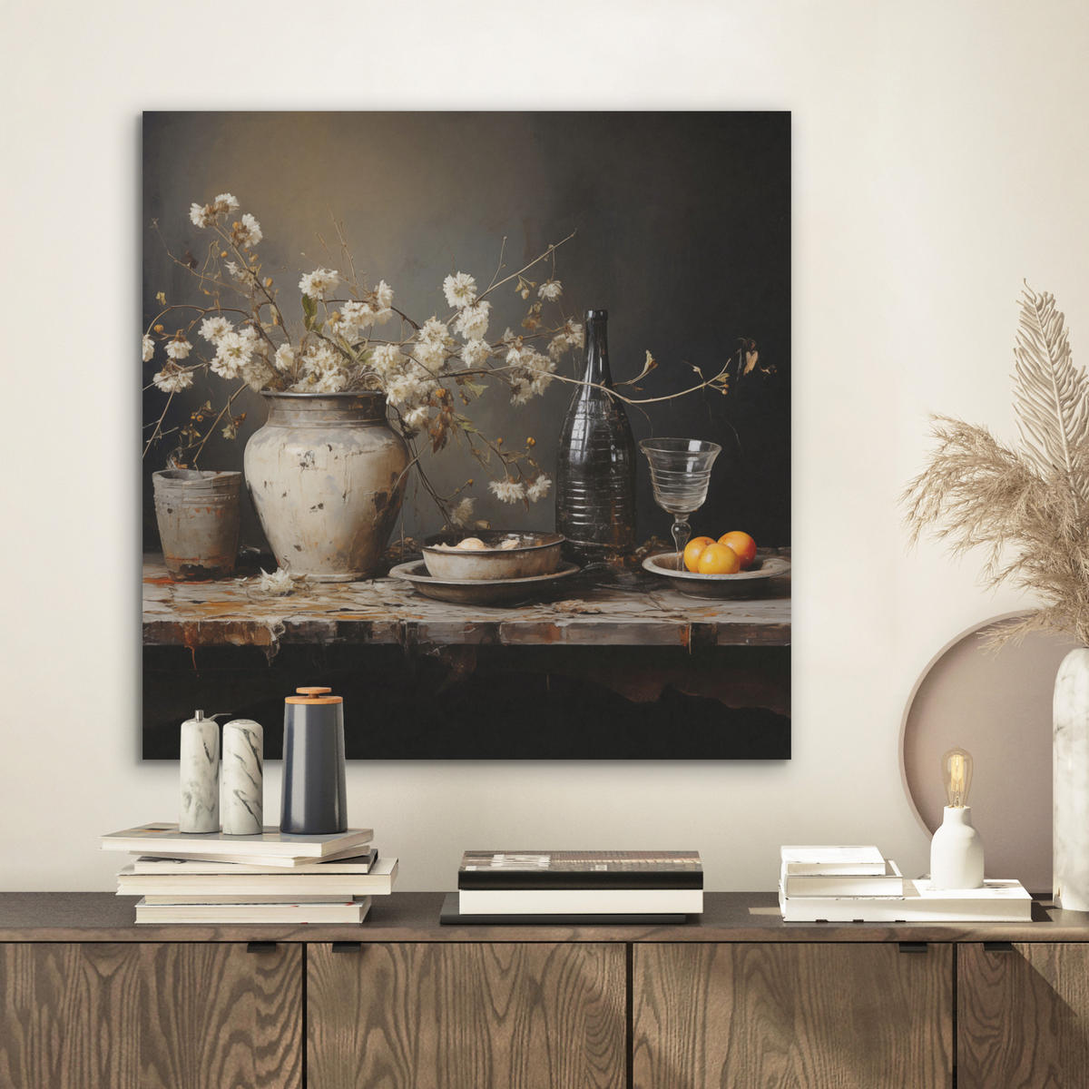 AKUSTICKÝ OBRAZ Zátišie - Kvety - Kytica - Váza - Víno 60x60 cm - čierna, plast (60/60/0.9cm) - MuchoWow