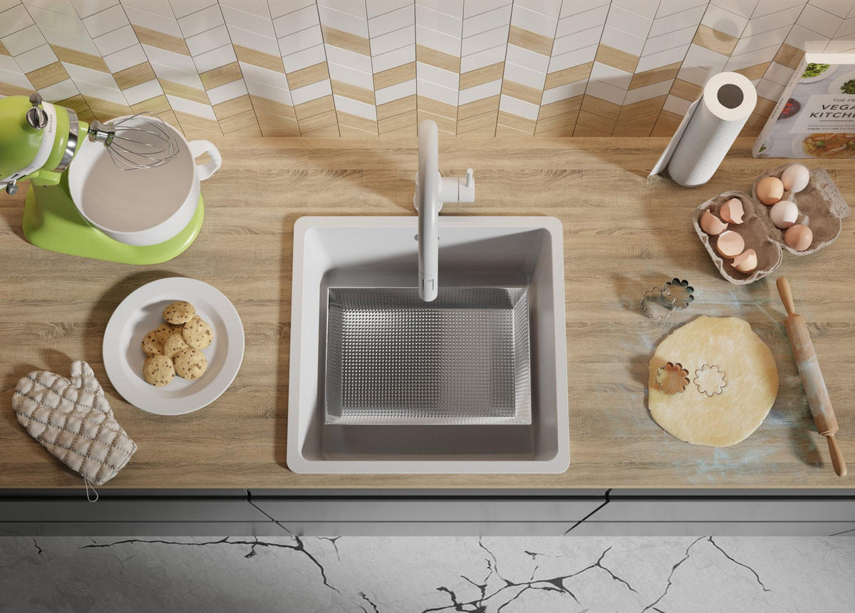 SPÜLBECKEN Venedig Slim Easy, 2-er set Alles Weiß 46/44 cm 1 Becken + Ablauf-Set ab 50er Unterschrank - Weiß, Kunststoff (46/20/44cm) - Primagran