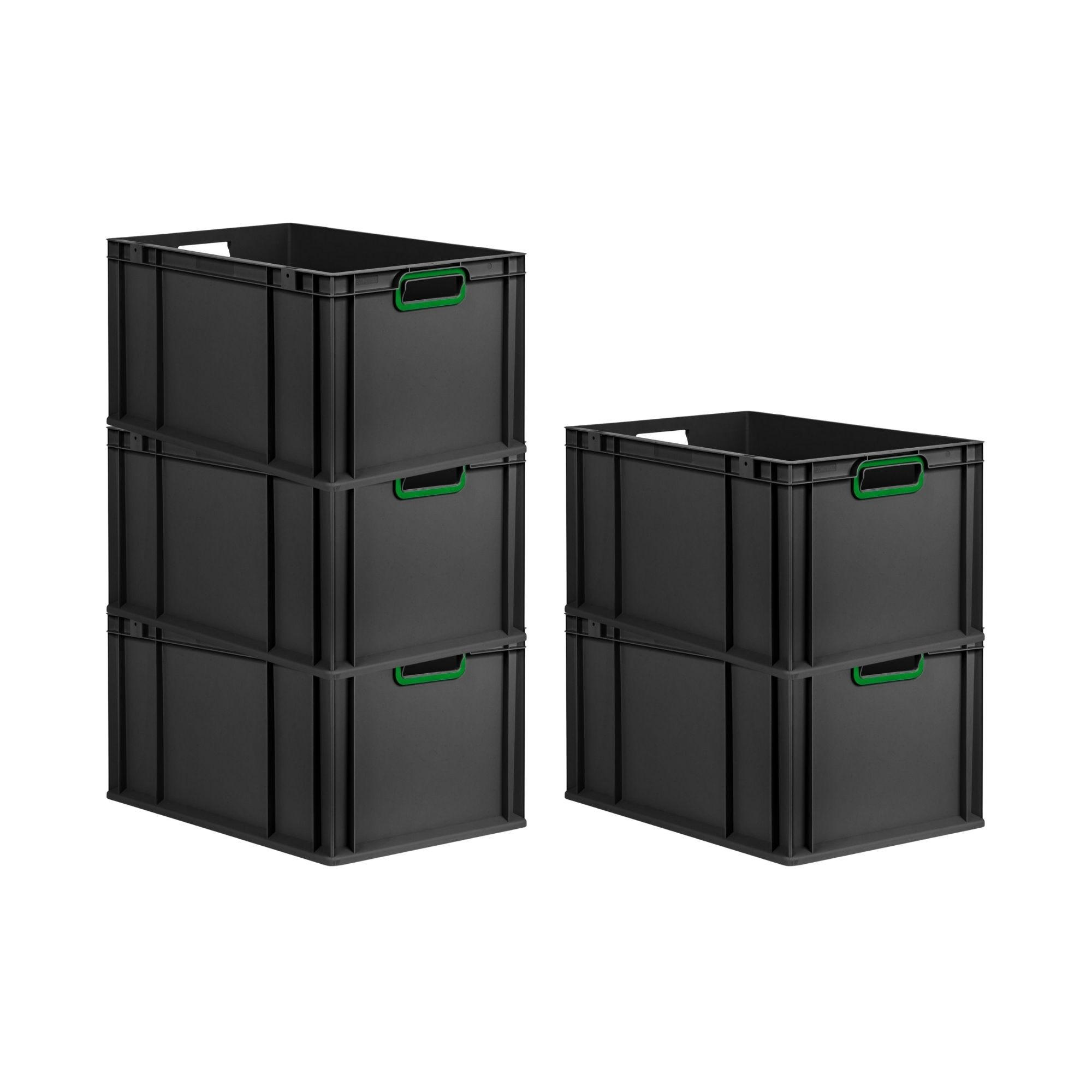 EUROBOX 5x NextGen Color 32x40x60 cm 65 Liter Griffe grün offen, Schwarz - Schwarz/Grün, Kunststoff (40/32/60cm) - PROREGAL