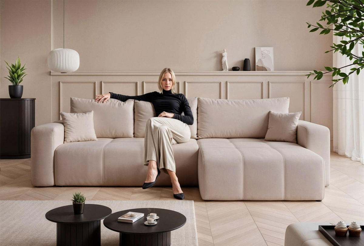 ECKSOFA Leros Xl Mit Schlaffunktion - Beige, Holzwerkstoff/Textil (145/278cm) - Fun Möbel