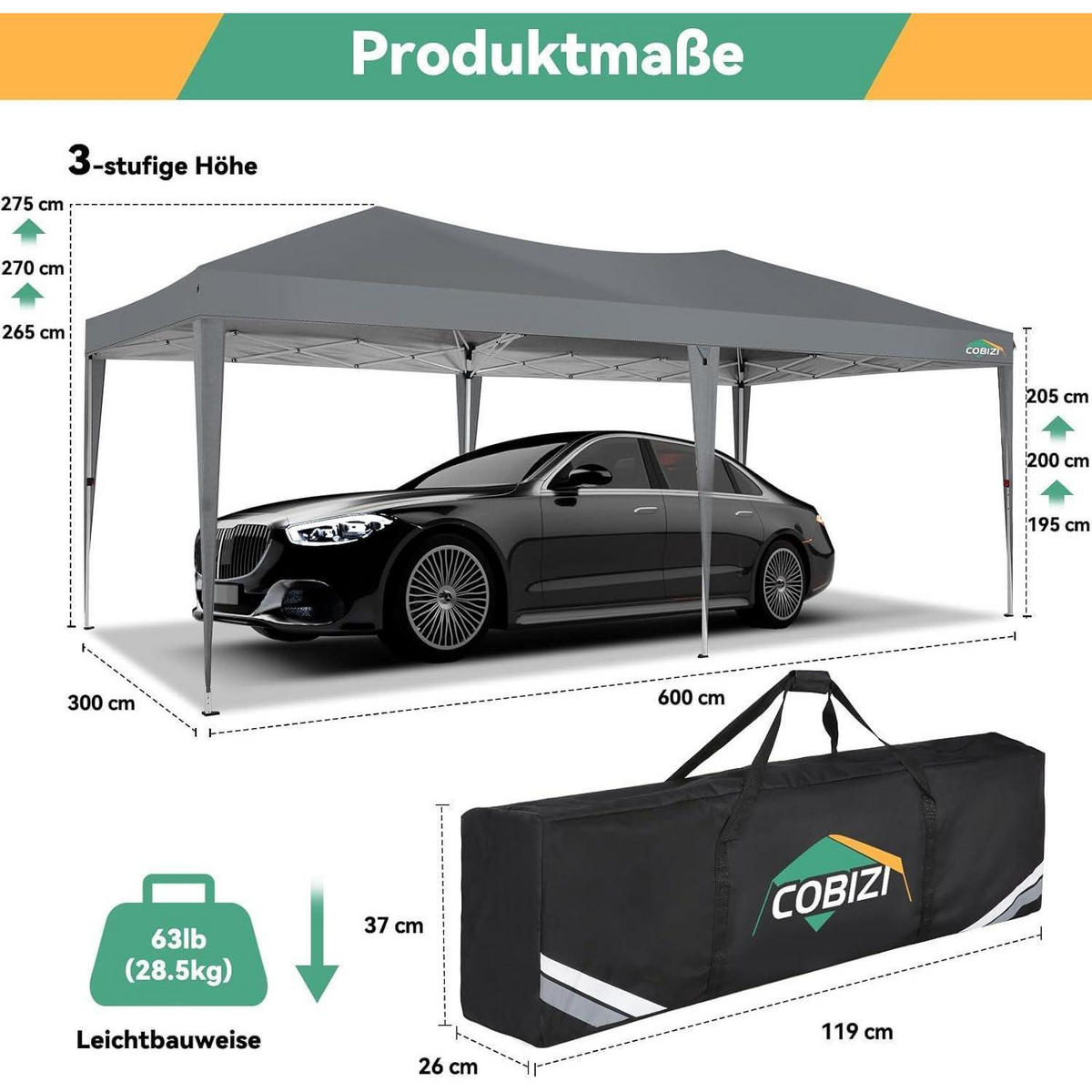 FALTPAVILLON 3x6m Grau mit 6 Seitenteilen, UV Schutz 50+ und höhenverstellbar - Grau, Textil (300/275/600cm)