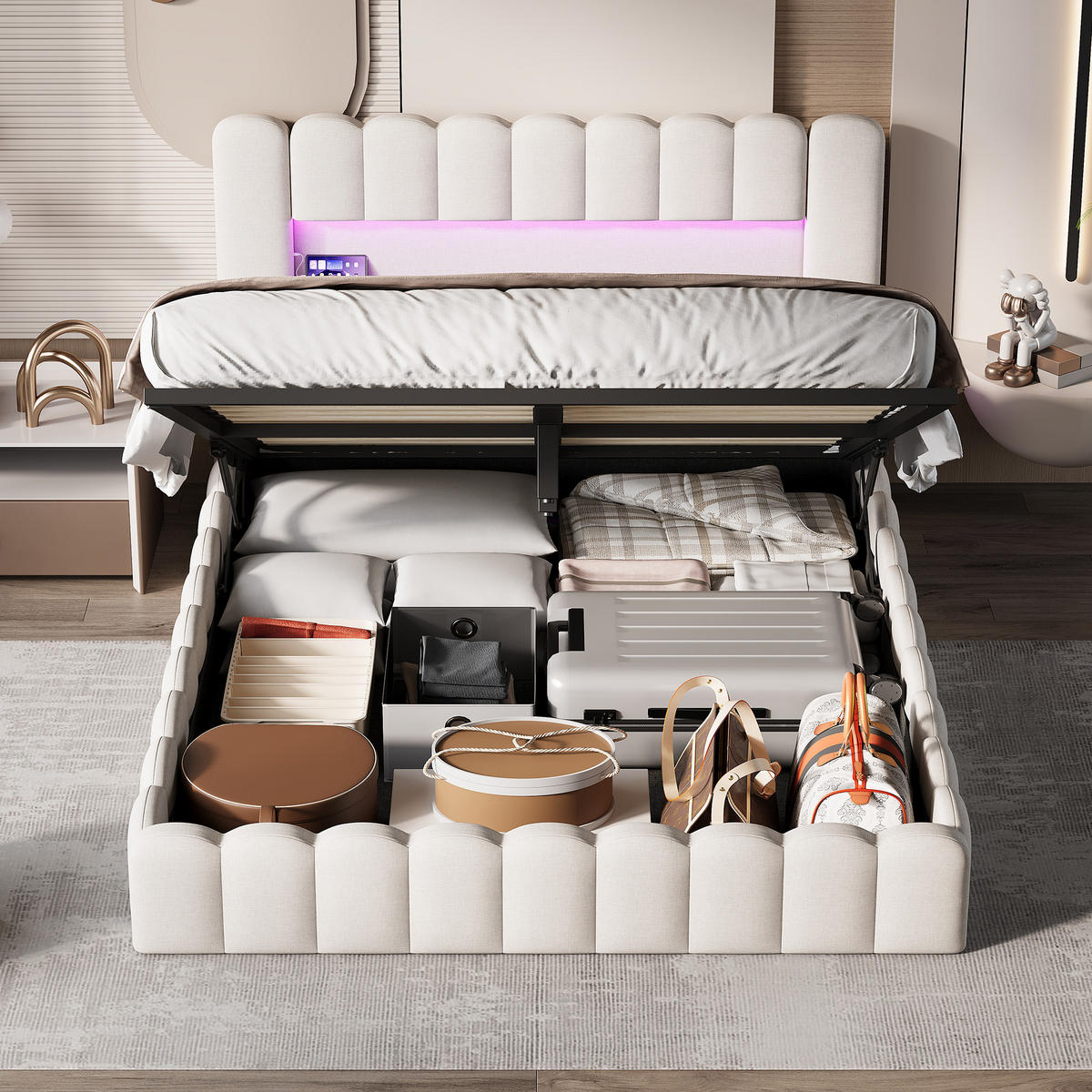 STAURAUMBETT 140x200 cm Doppelbett, mit USB-Anschluss und LED-Beleuchtung, Leinenstoff in Beige - Beige, Holz (140/200cm) - BRILVERDE