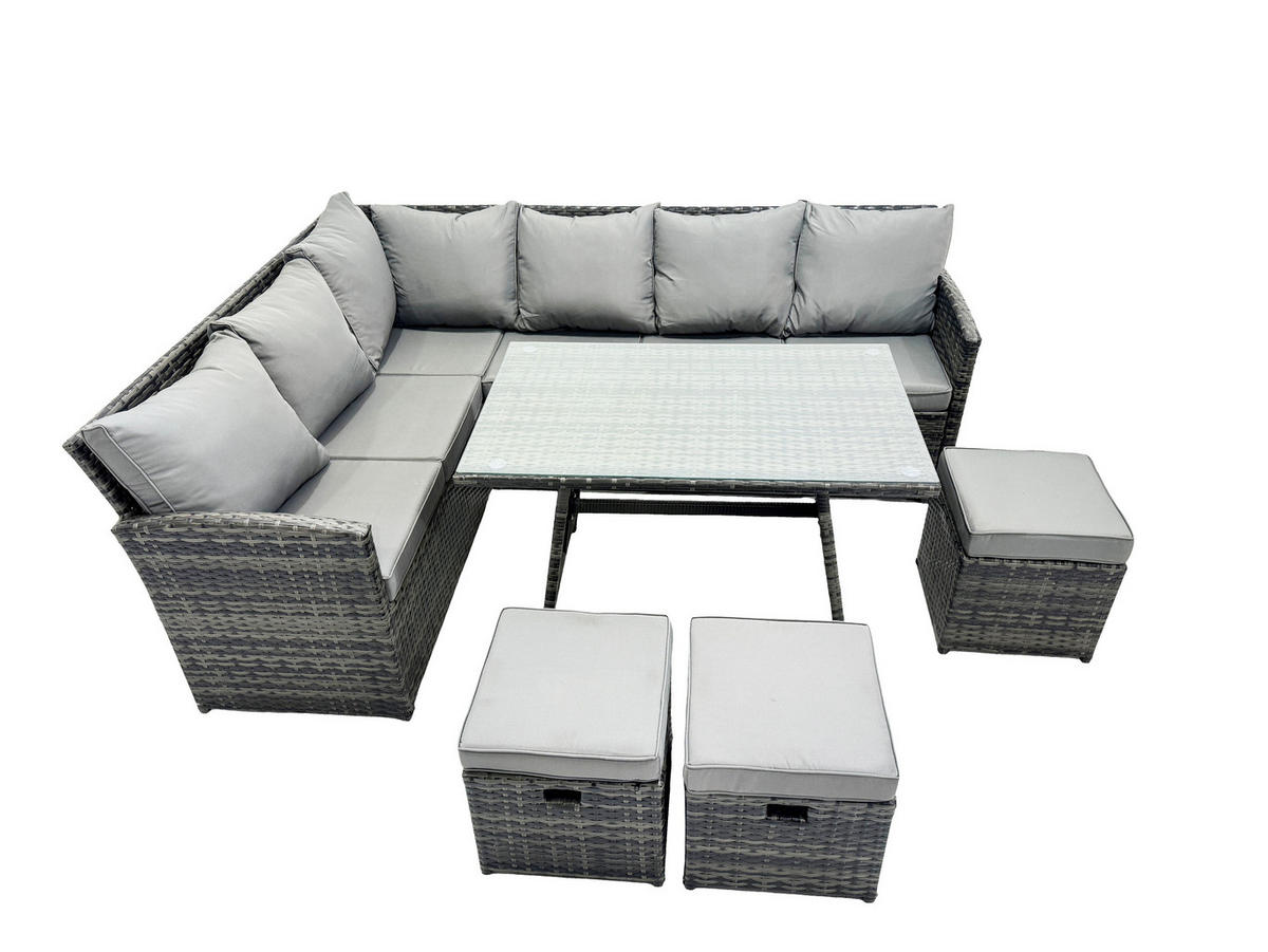 SITZGRUPPE mit Ecksofa 3 Hocker Polyrattan Dunkelgrau 9-Sitzer - Dunkelgrau/Grau, Glas/Kunststoff - Fimous
