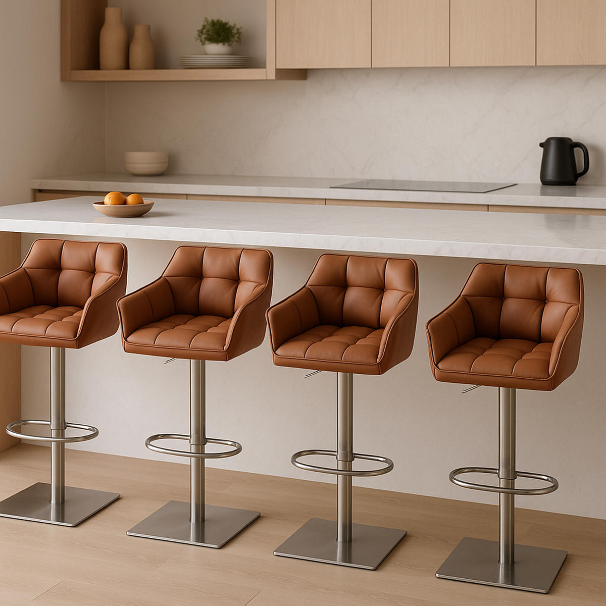 BARHOCKER 2er Set Damaskus Kunstleder edelstahl hellbraun - Edelstahlfarben/Braun, Kunststoff/Metall (64/110/48cm) - TPFLiving